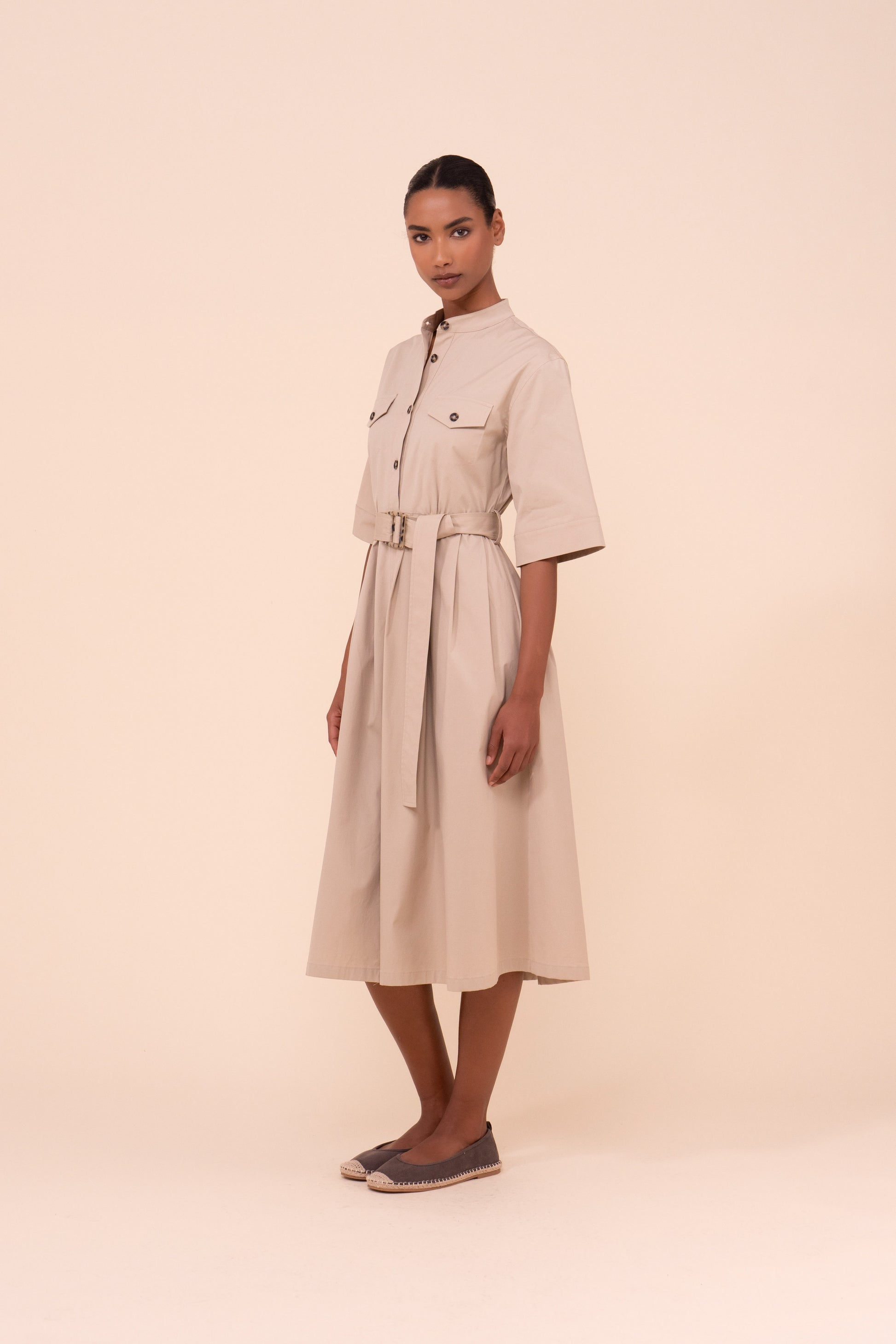 Rossi Cotton Poplin Belted Dress - ALMOND