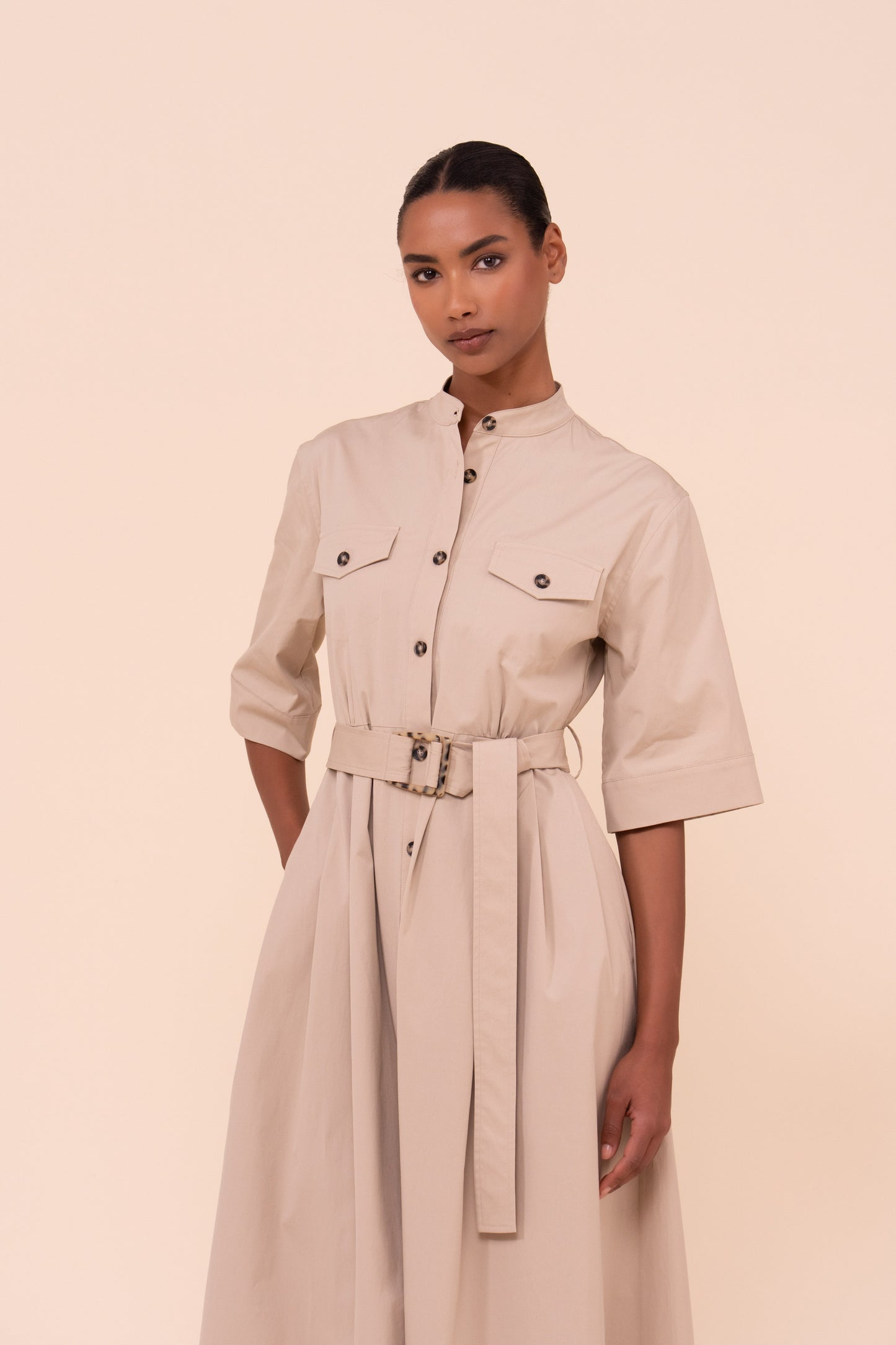Rossi Cotton Poplin Belted Dress - ALMOND
