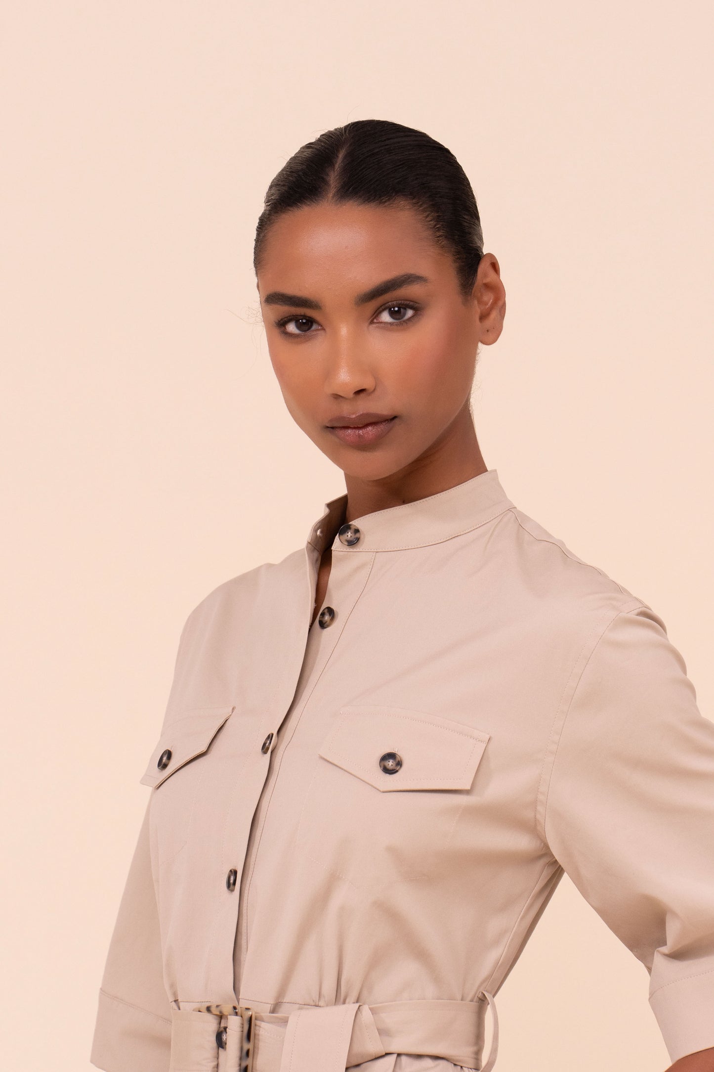 Rossi Cotton Poplin Belted Dress - ALMOND