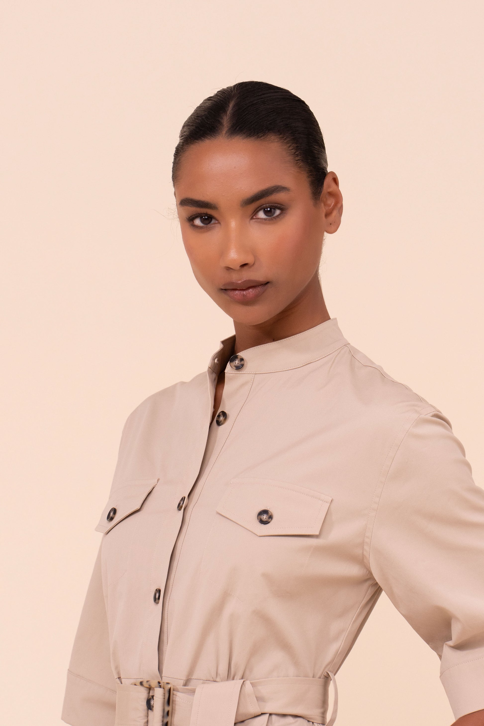 Rossi Cotton Poplin Belted Dress - ALMOND