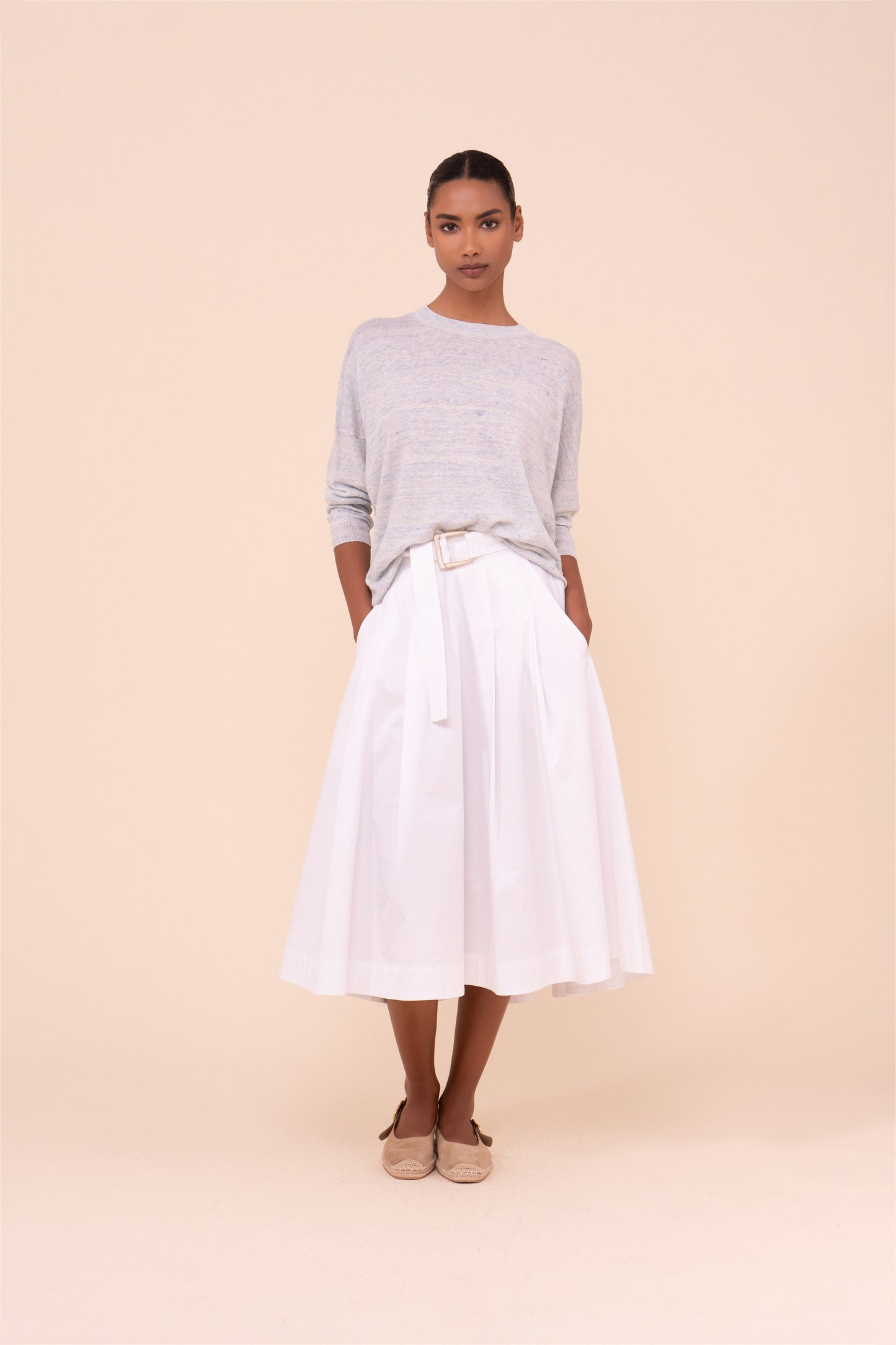 Vincenzo Cotton Gabardine Midi Skirt - WHITE