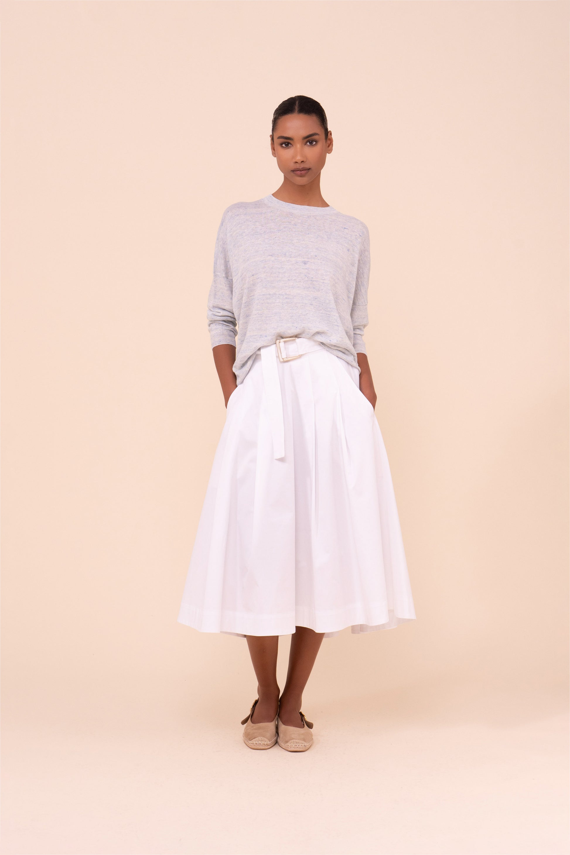 Vincenzo Cotton Gabardine Midi Skirt - WHITE