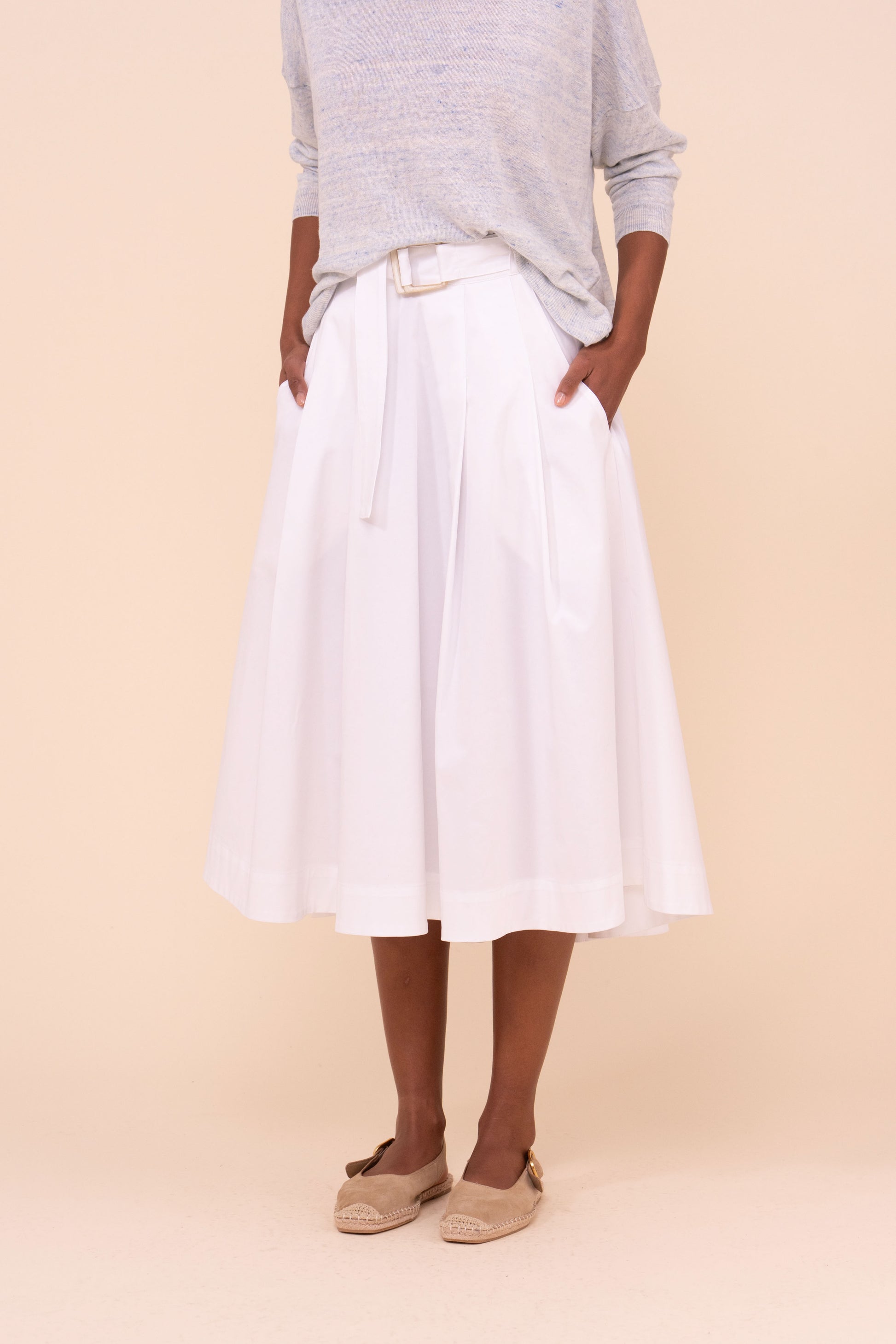 Vincenzo Cotton Gabardine Midi Skirt - WHITE