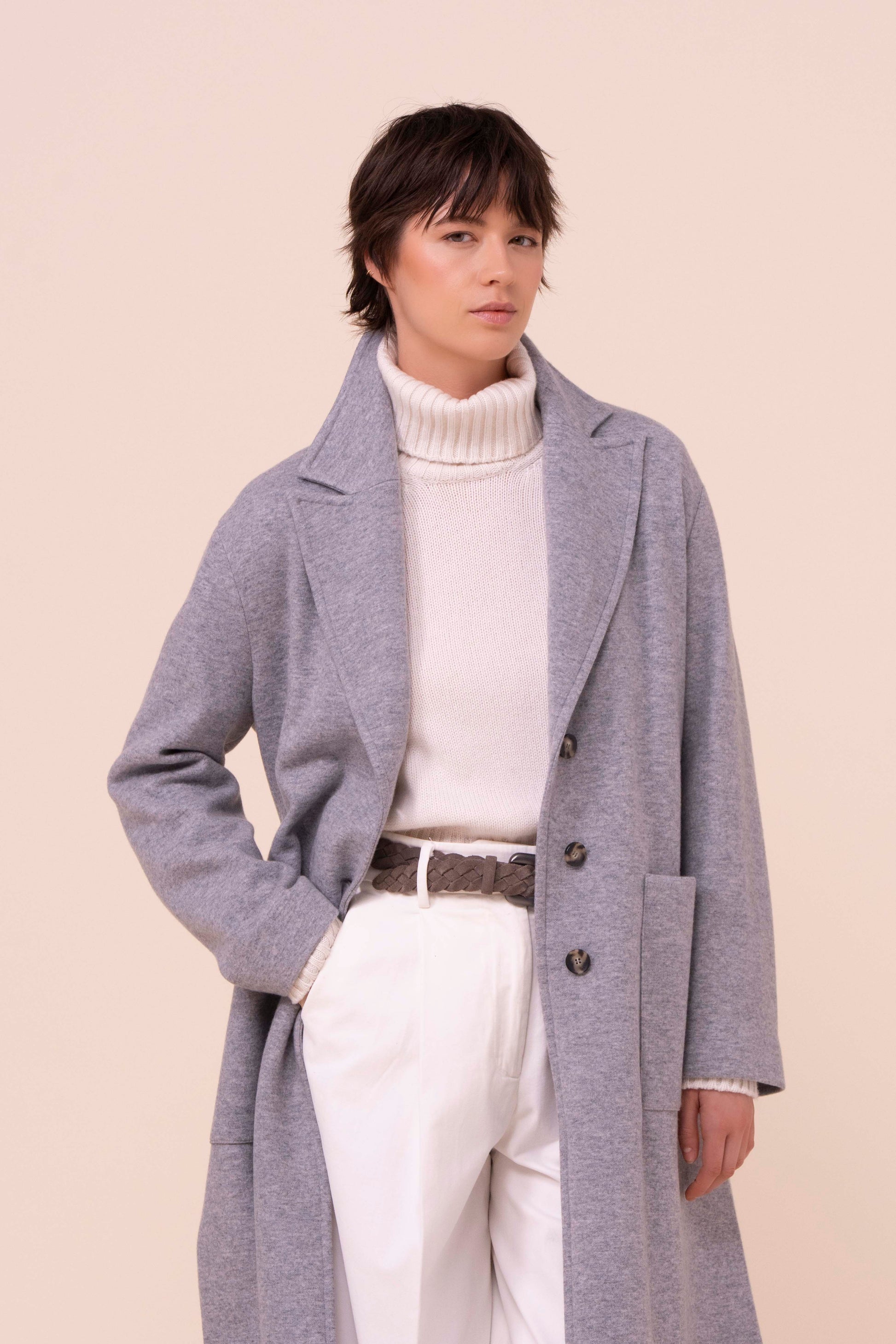 Ximena cappotto con cintura in cashmere Flanel Double - GREY