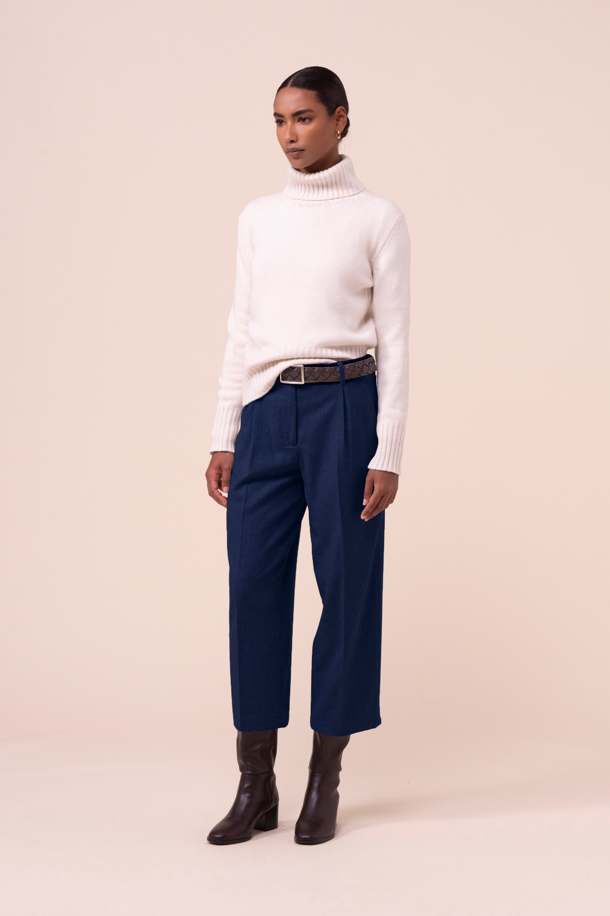 Rosalinda pantaloni carrot-fit in flanella di lana e cashmere - DENIM
