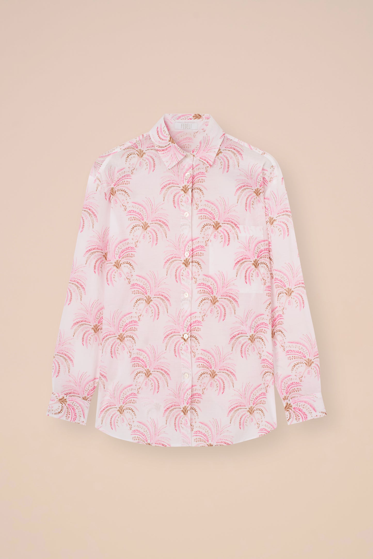 Palmaria Printed Cotton Voile Shirt - Palms Pattern - CORAL