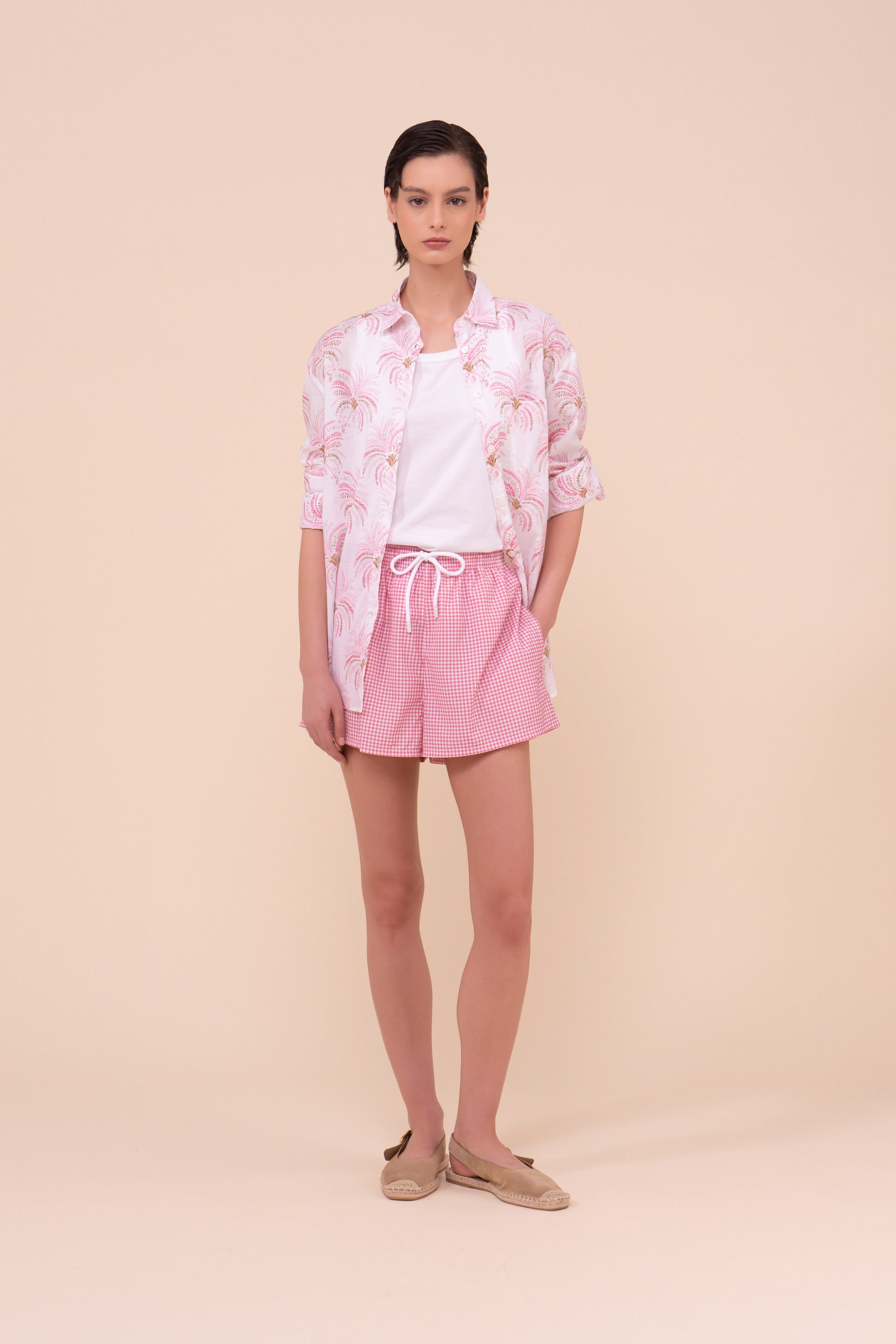 Palmaria Printed Cotton Voile Shirt - Palms Pattern - CORAL