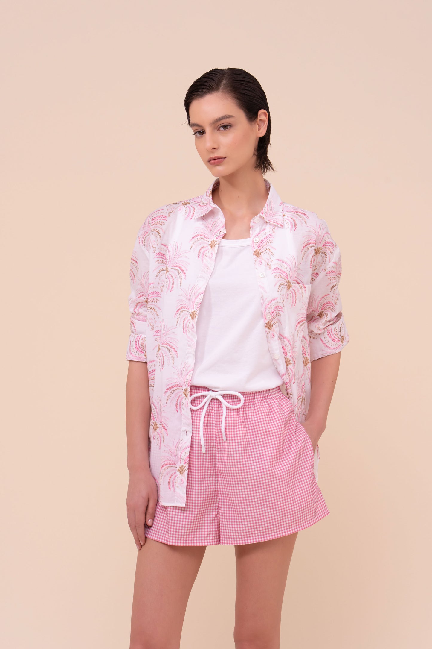 Palmaria Printed Cotton Voile Shirt - Palms Pattern - CORAL