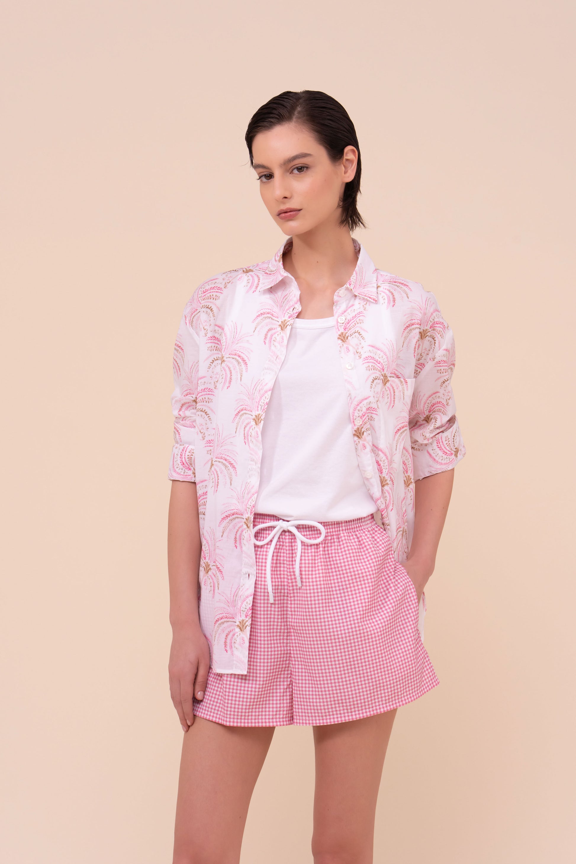 Palmaria Printed Cotton Voile Shirt - Palms Pattern - CORAL