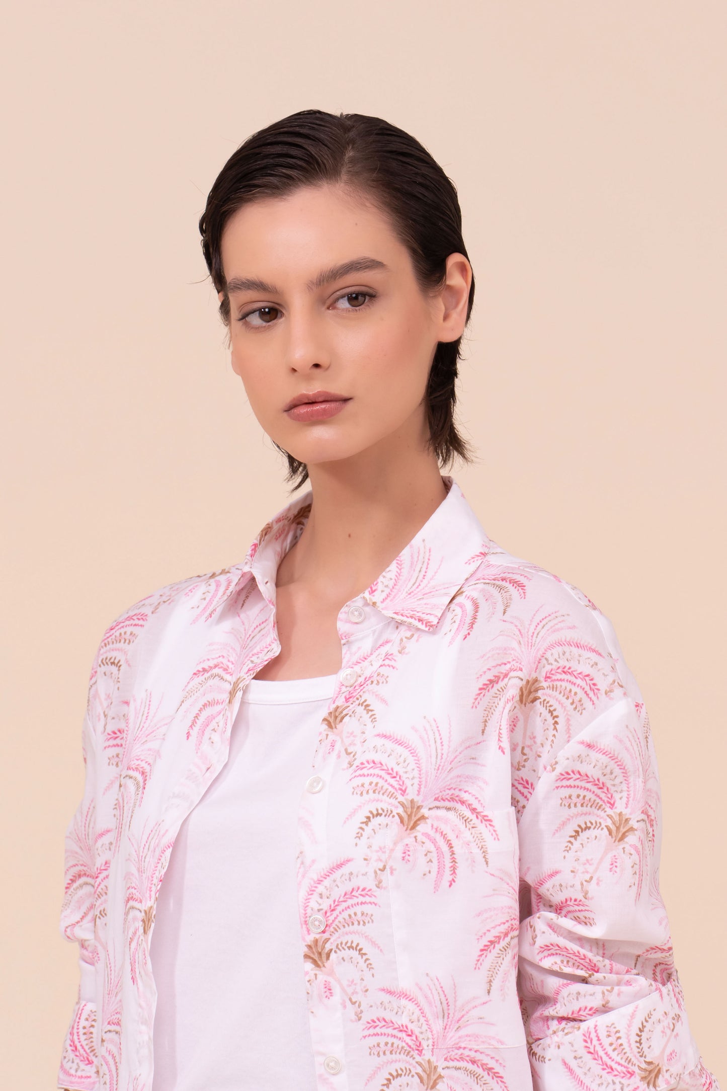 Palmaria Printed Cotton Voile Shirt - Palms Pattern - CORAL