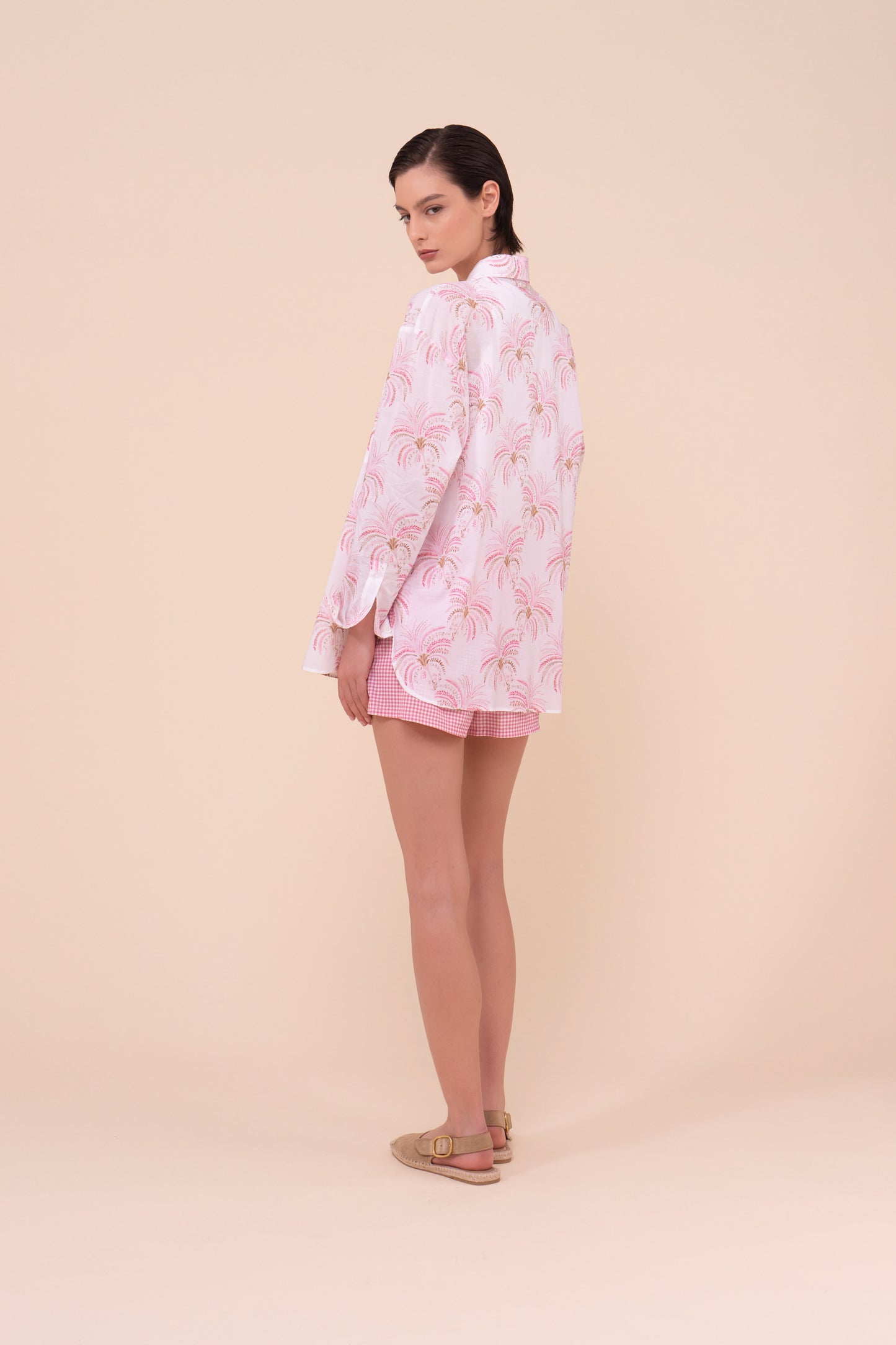 Palmaria Printed Cotton Voile Shirt - Palms Pattern - CORAL