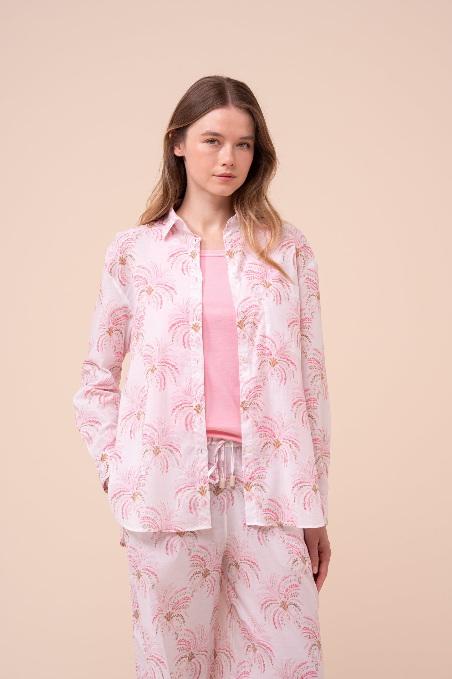 Palmaria Printed Cotton Voile Shirt - Palms Pattern - CORAL