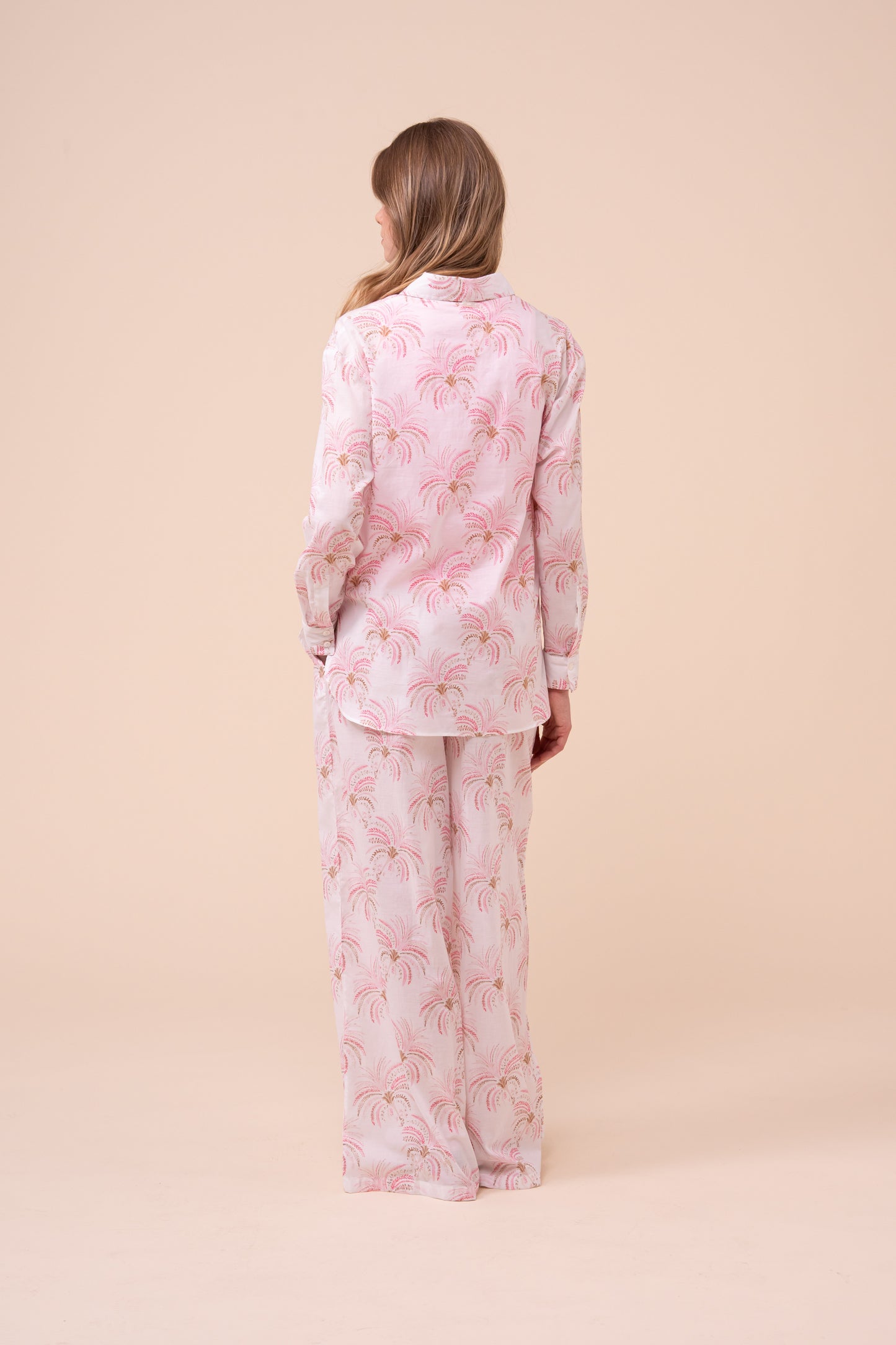 Palmaria Printed Cotton Voile Shirt - Palms Pattern - CORAL