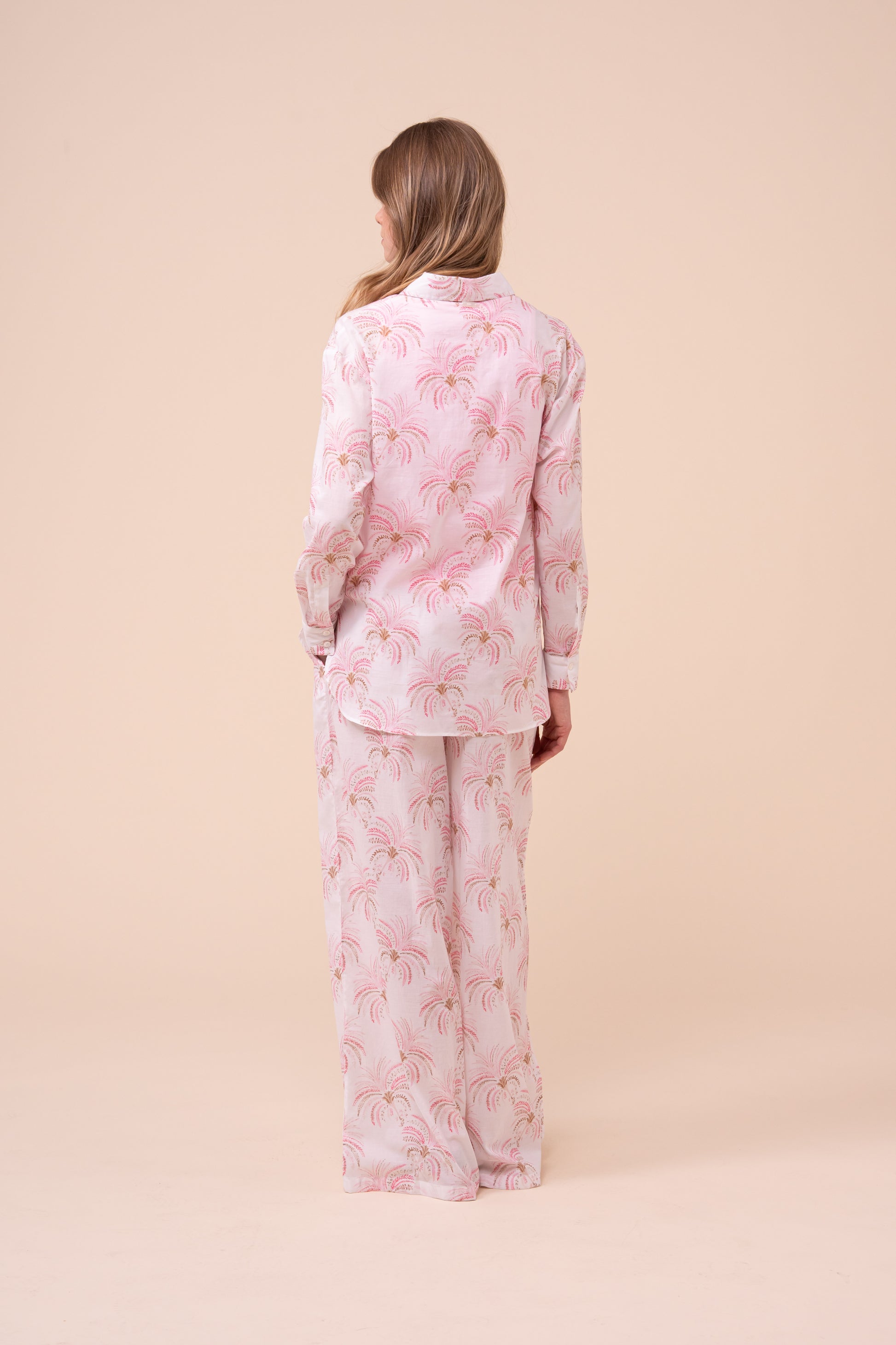 Palmaria Printed Cotton Voile Shirt - Palms Pattern - CORAL