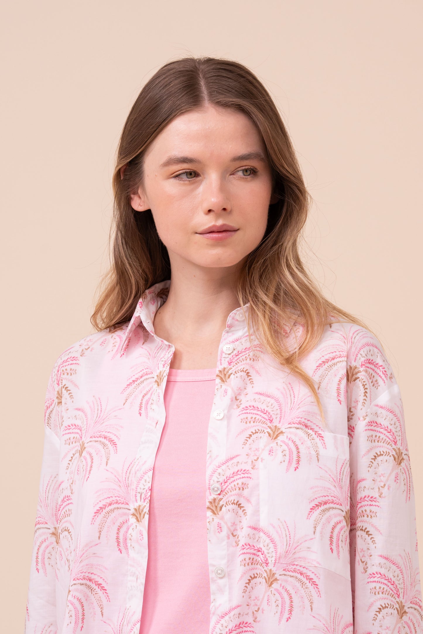 Palmaria Printed Cotton Voile Shirt - Palms Pattern - CORAL