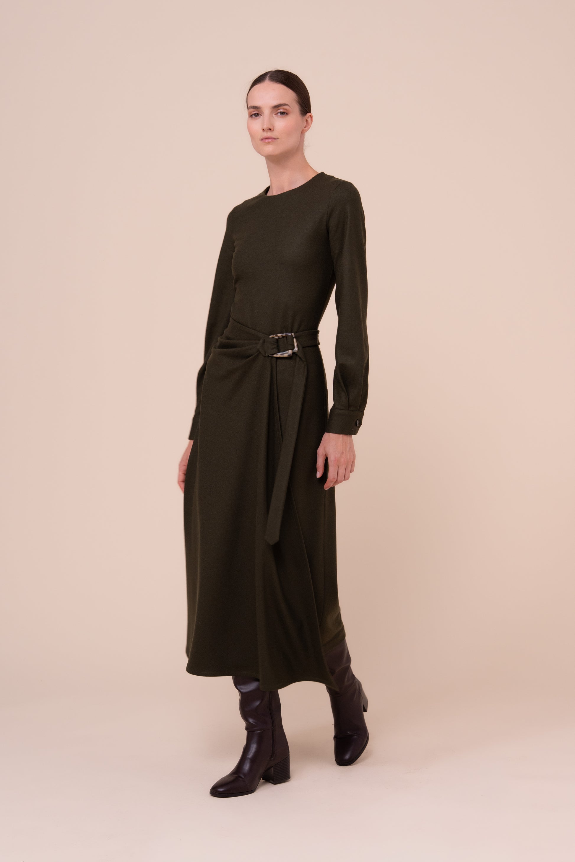 Gilda Flanel Wool Midi Dress - OLIVEGREENMELANGE
