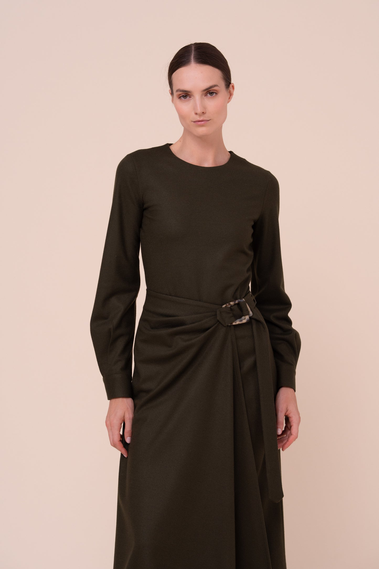Gilda Flanel Wool Midi Dress - OLIVEGREENMELANGE
