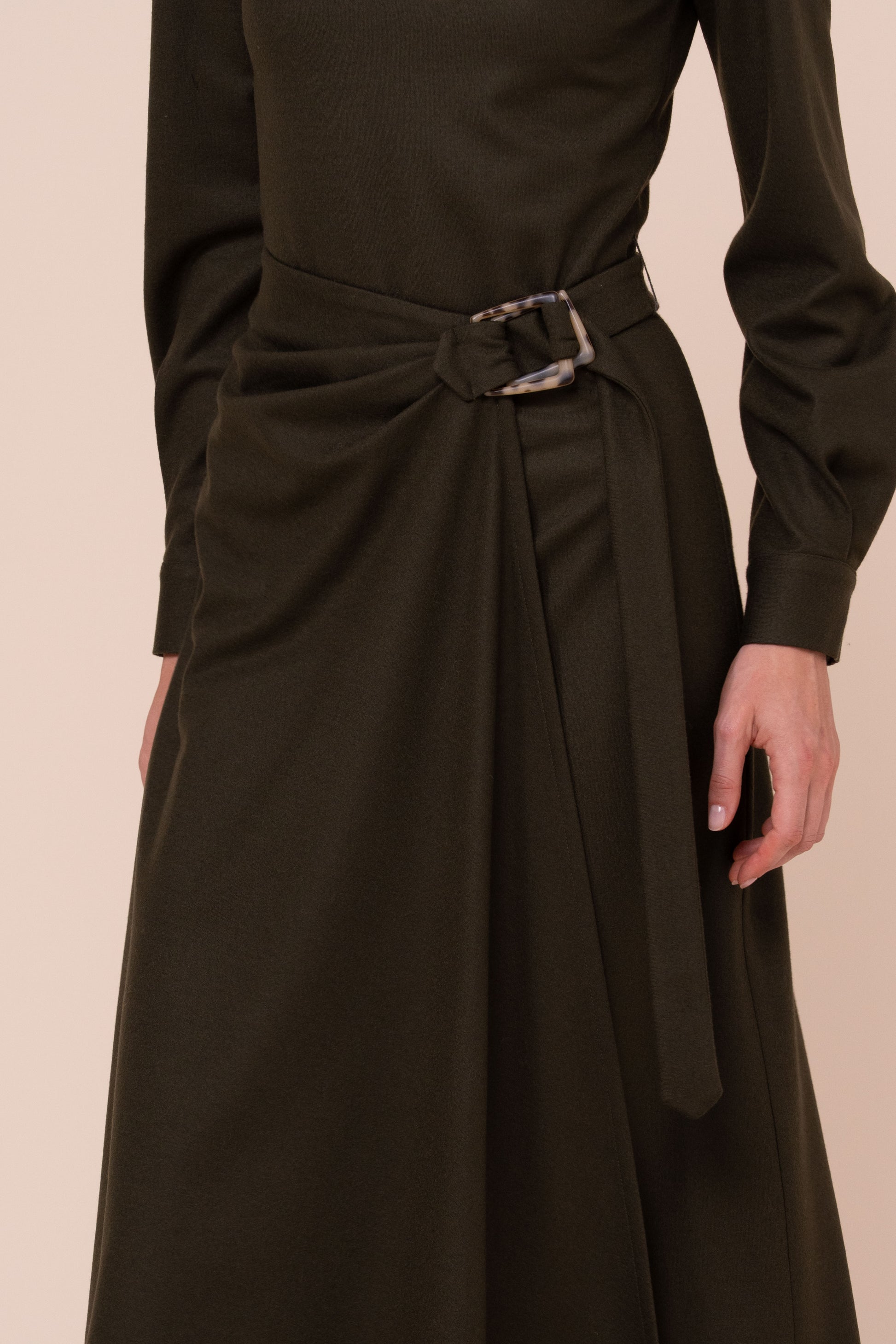 Gilda Flanel Wool Midi Dress - OLIVEGREENMELANGE