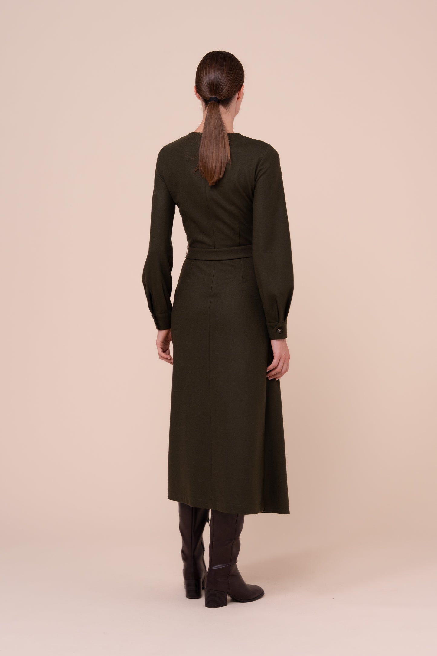 Gilda Flanel Wool Midi Dress - OLIVEGREENMELANGE