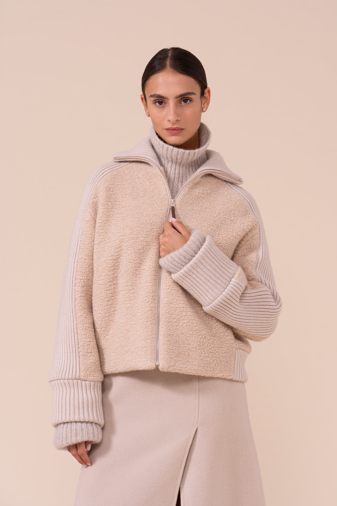 Perlato Cashmere and Silk Teddy Bomber - TAN