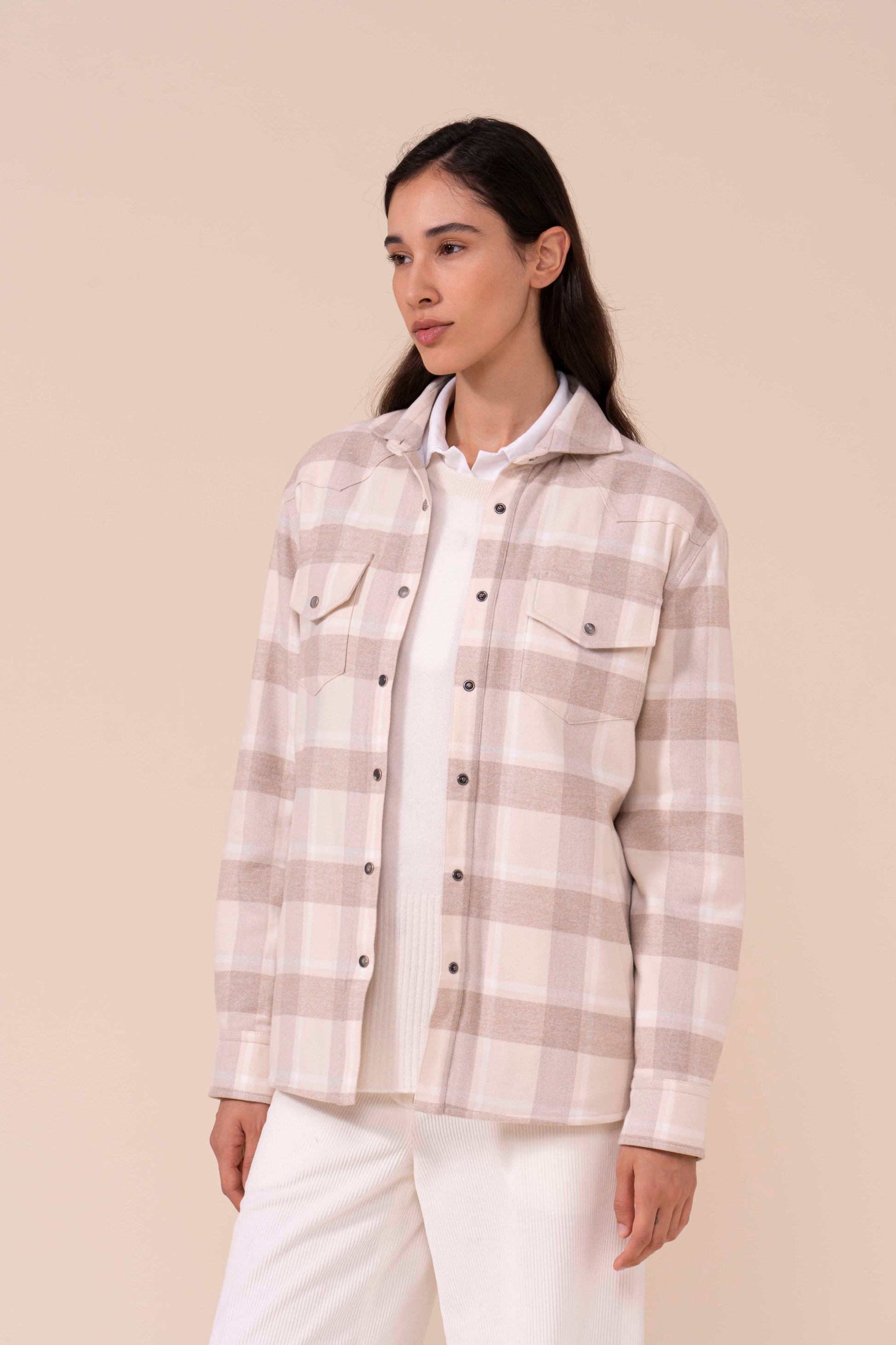 Dylan Cotton Flanel Padded Overshirt - ALMOND