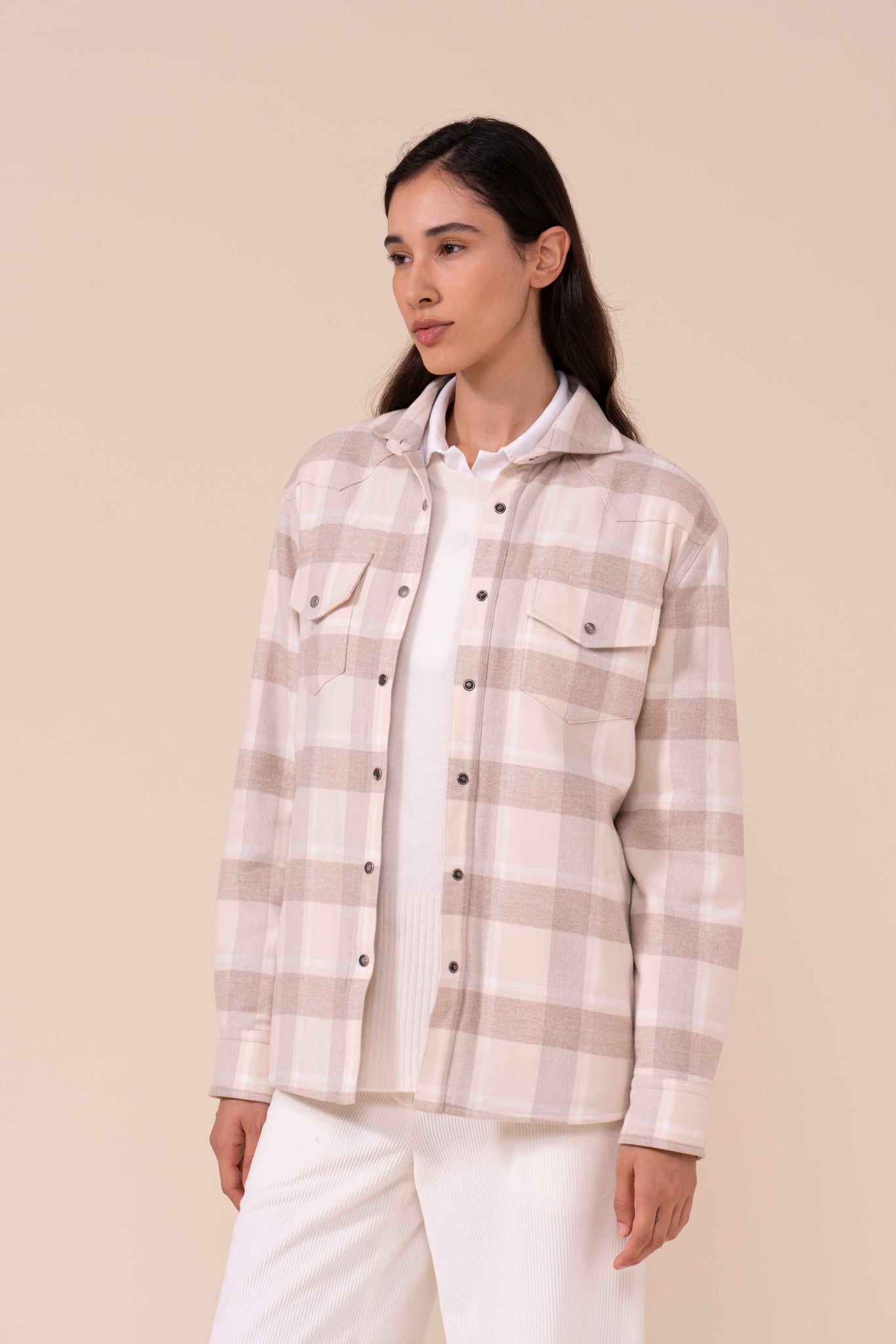 Dylan Cotton Flanel Padded Overshirt - ALMOND