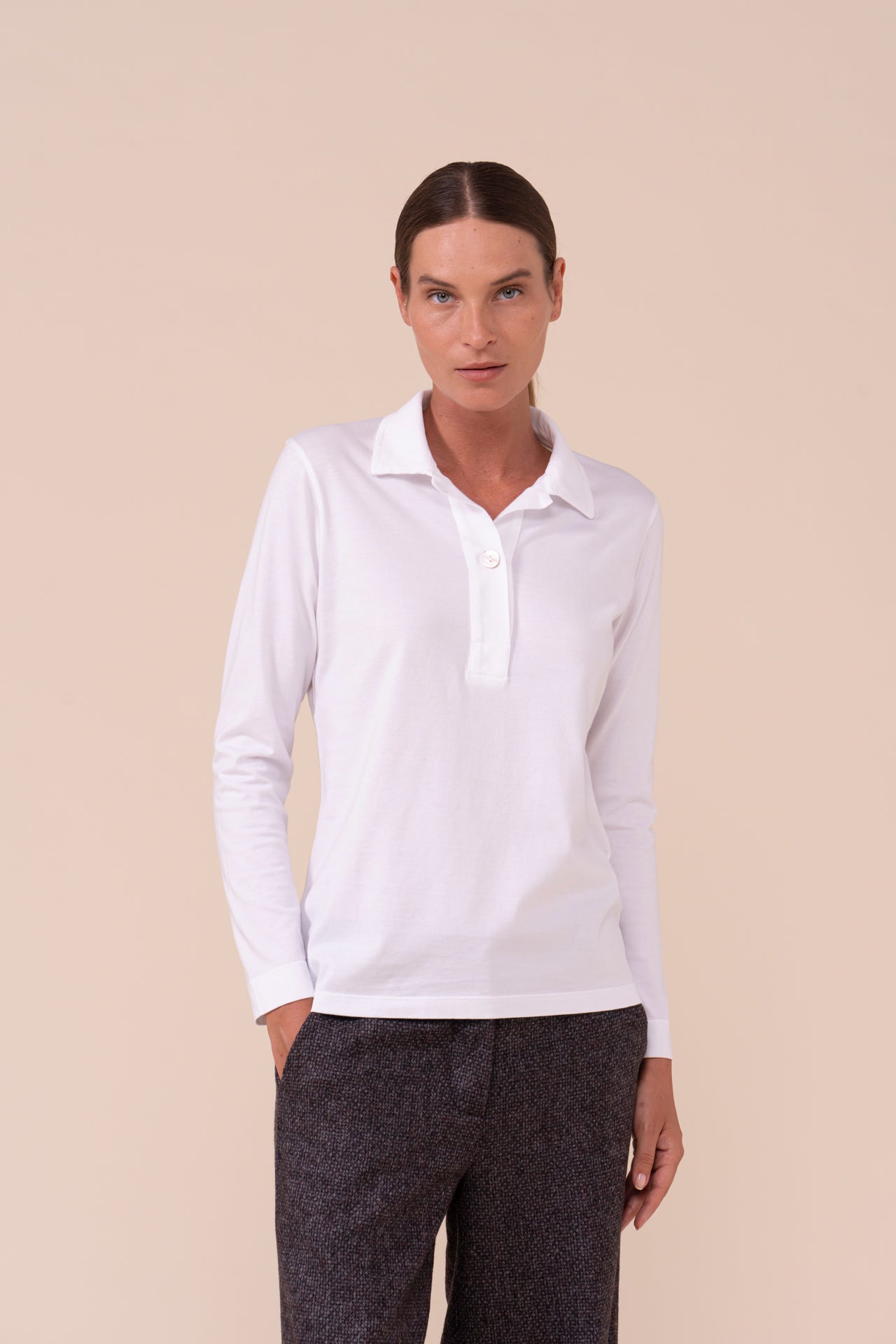 Eva Organic Cotton Long Sleeve Polo - WHITE