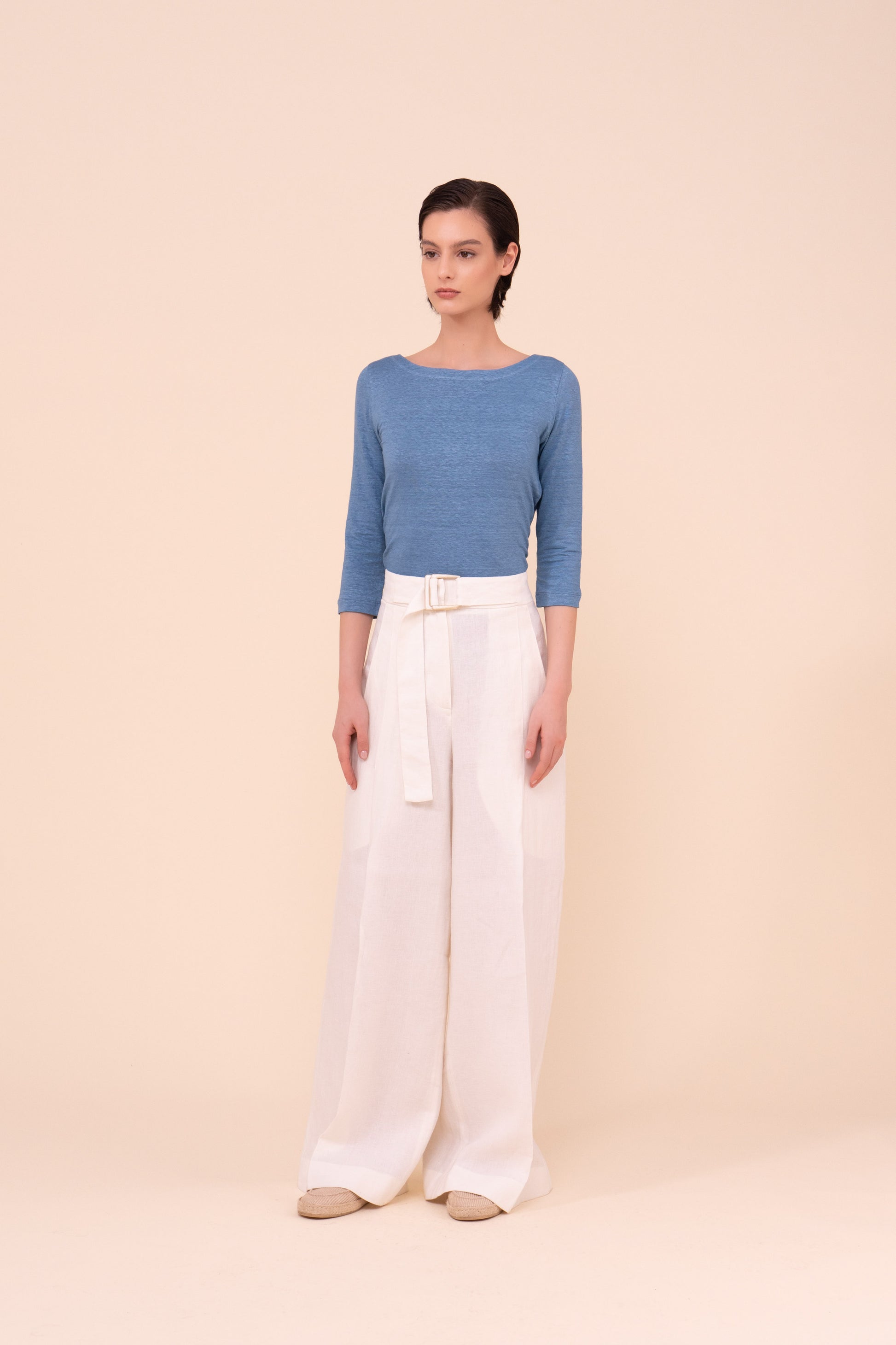 Luna Three-Quarter Sleeve Linen T-Shirt - STEELBLUE