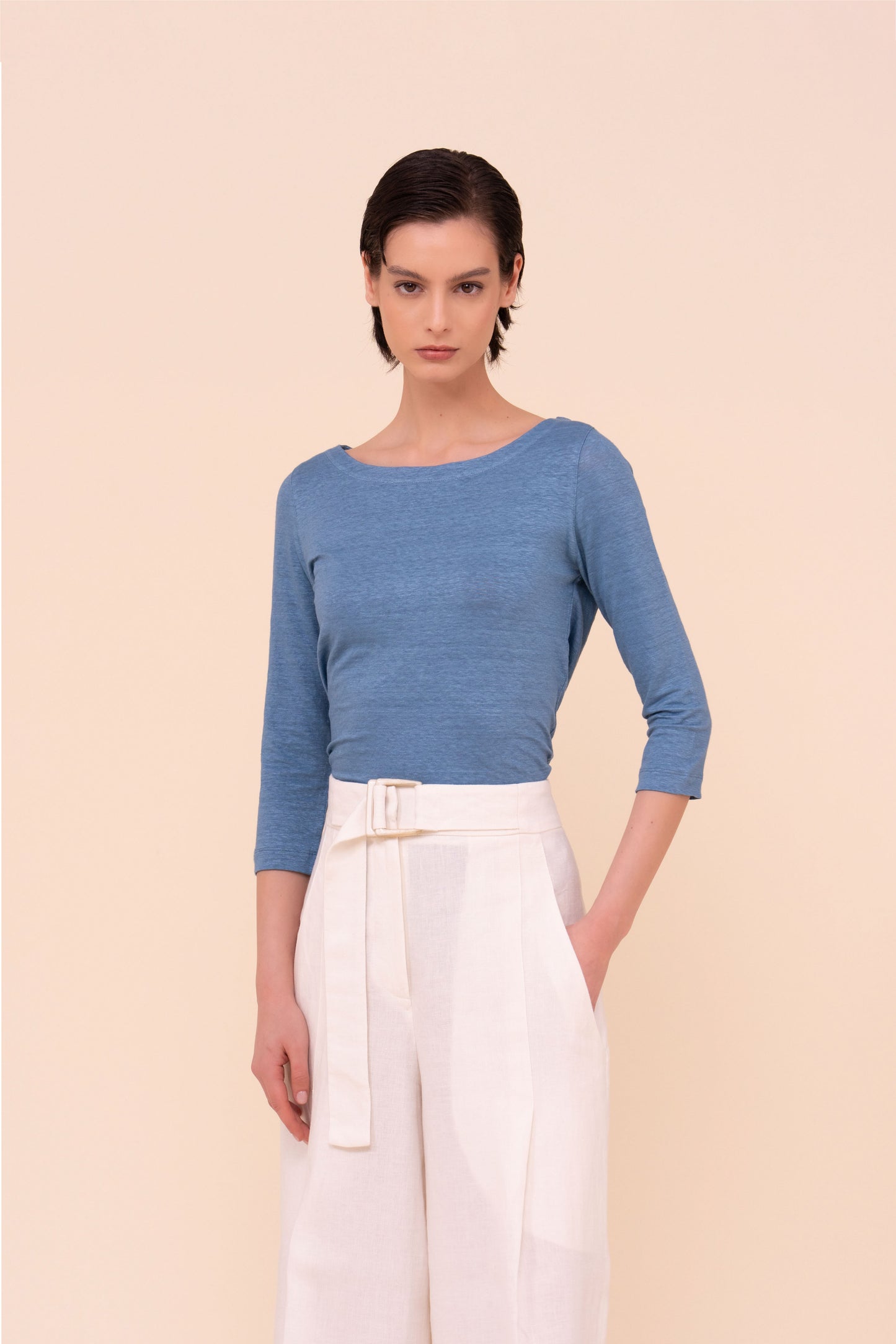 Luna Three-Quarter Sleeve Linen T-Shirt - STEELBLUE