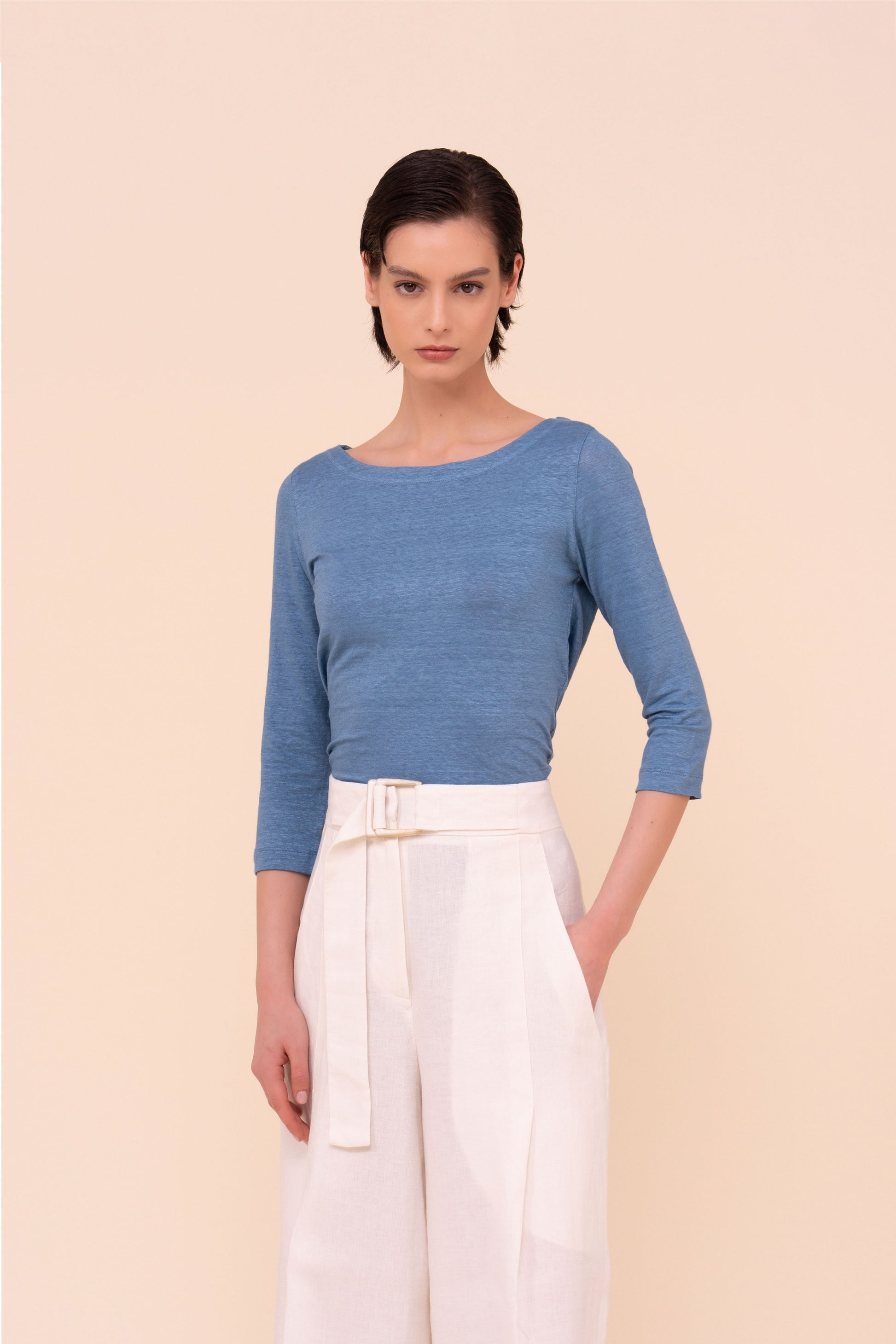 Luna Three-Quarter Sleeve Linen T-Shirt - STEELBLUE