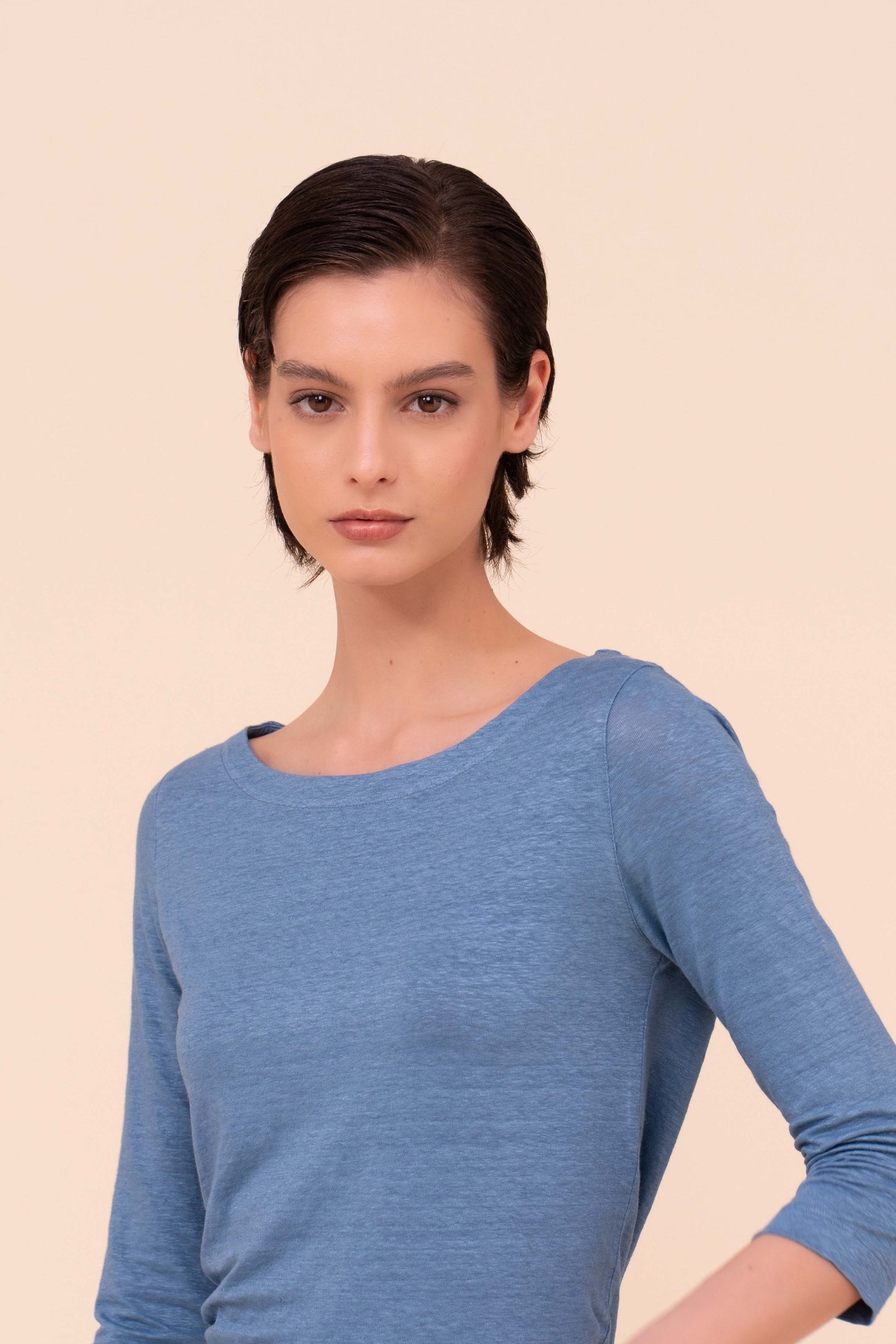 Luna Three-Quarter Sleeve Linen T-Shirt - STEELBLUE