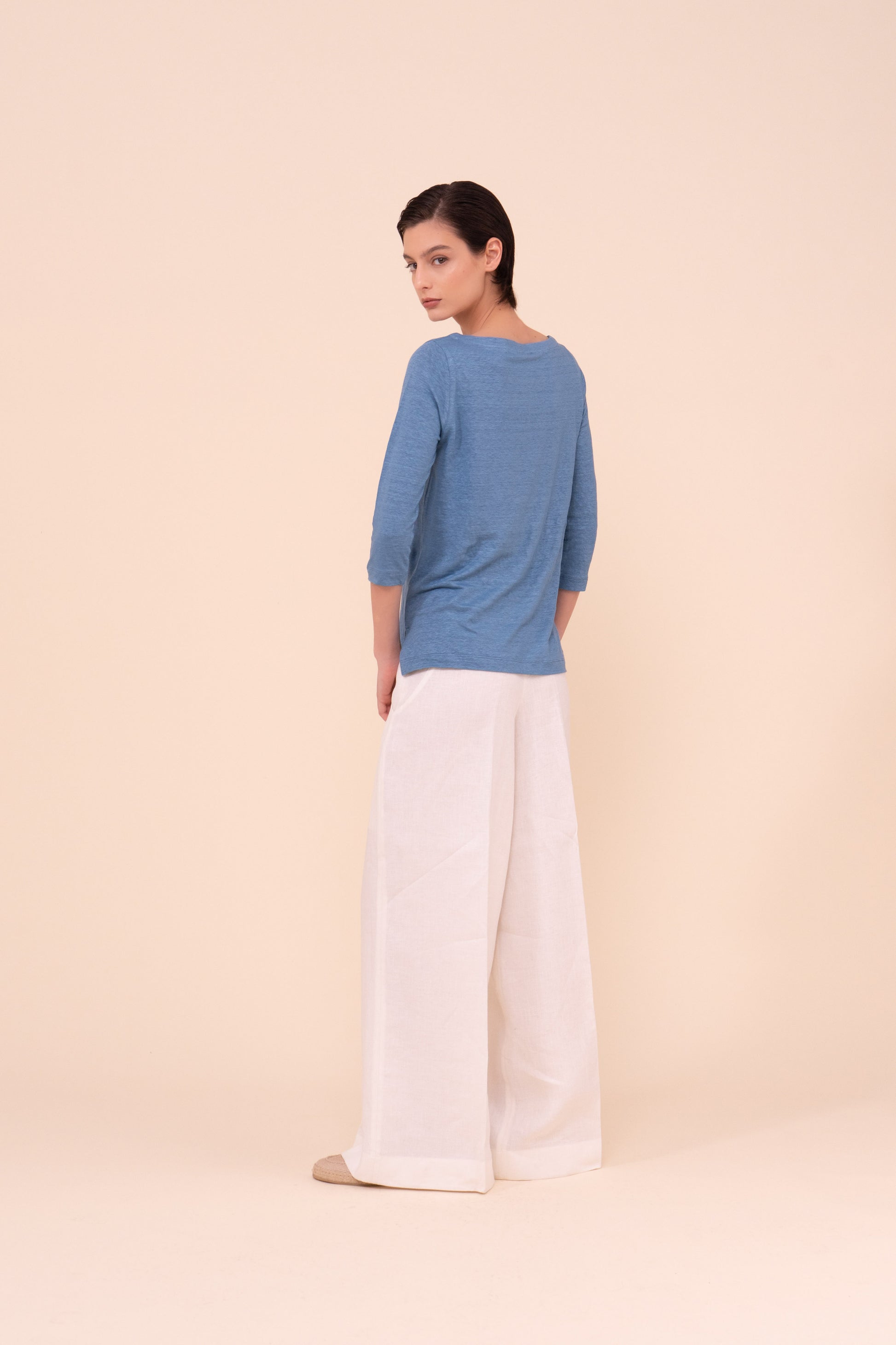 Luna Three-Quarter Sleeve Linen T-Shirt - STEELBLUE