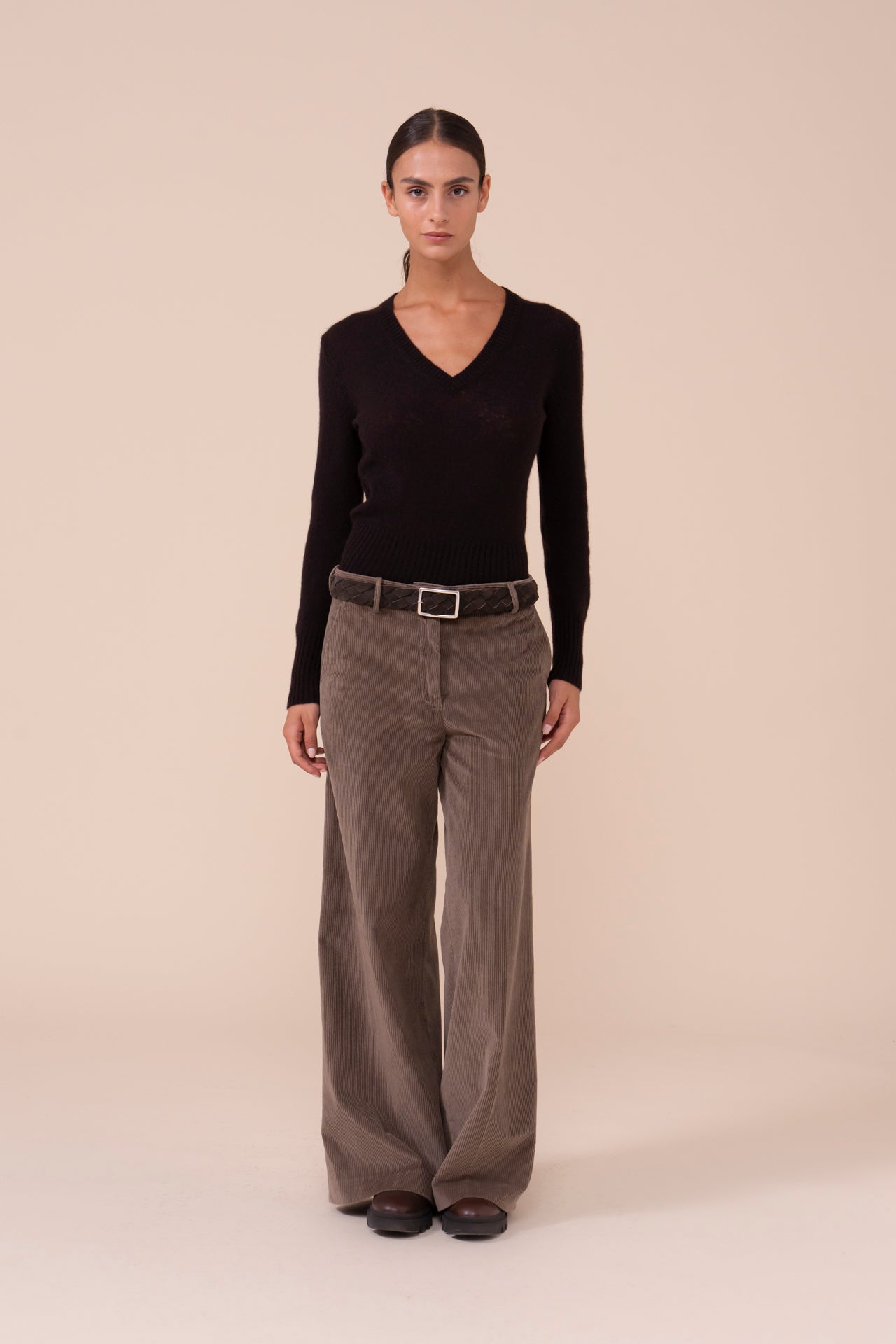 Gloria Velvet Corduroy Wide Leg Pants - GREIGE