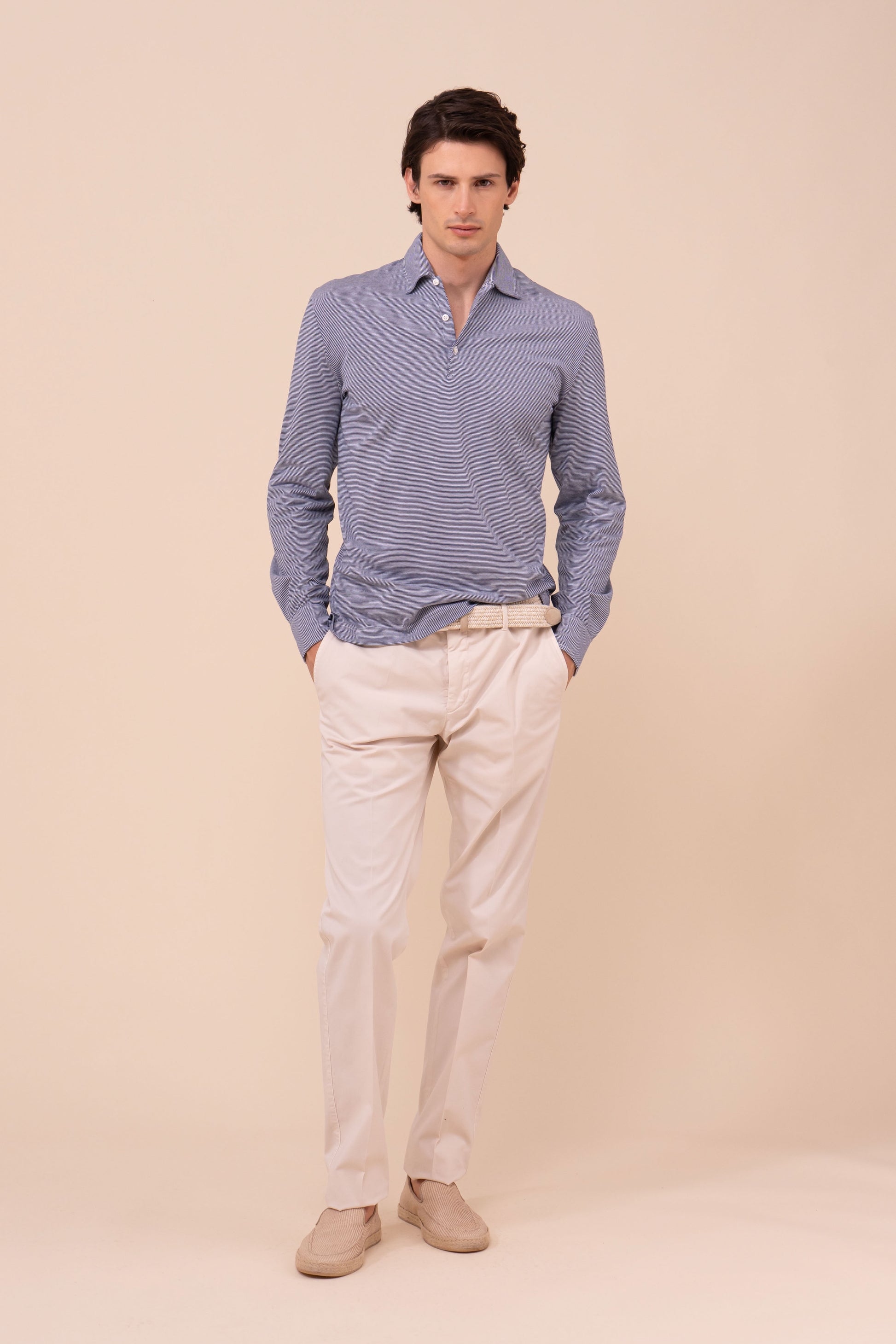 Libeccio Cotton Light Striped Long Sleeve Polo - MIDNIGHTBLUE