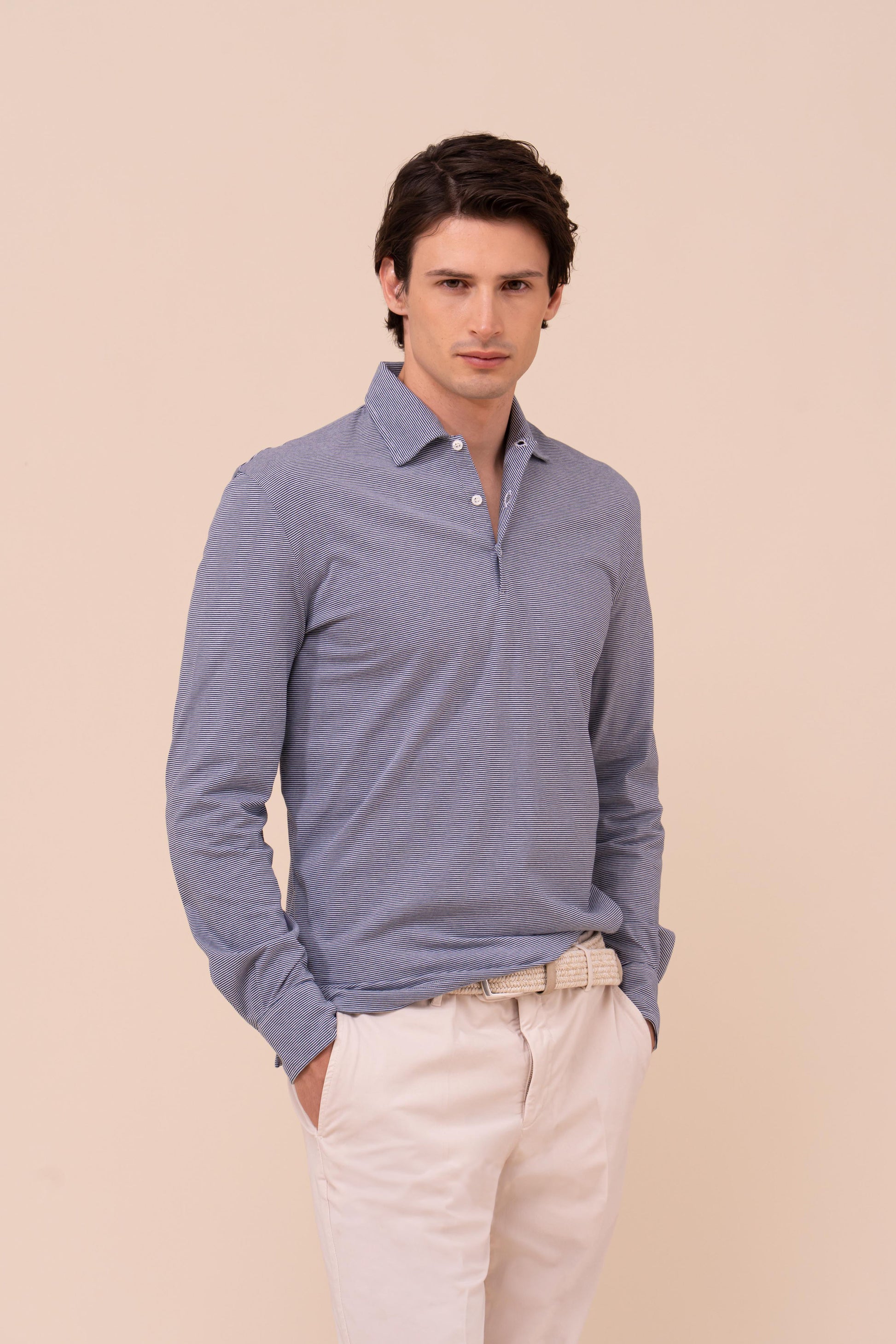 Libeccio Cotton Light Striped Long Sleeve Polo - MIDNIGHTBLUE