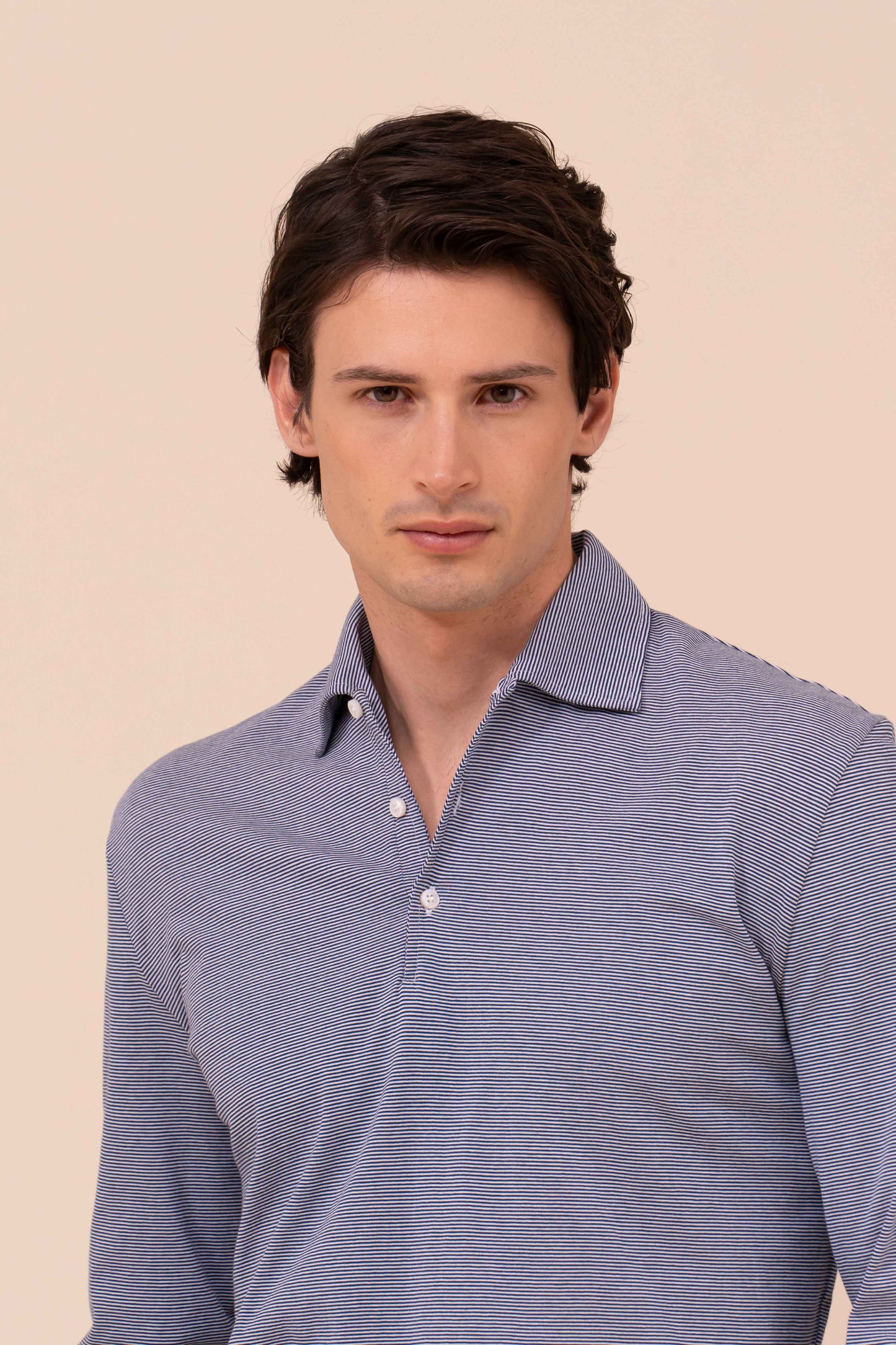Libeccio Cotton Light Striped Long Sleeve Polo - MIDNIGHTBLUE