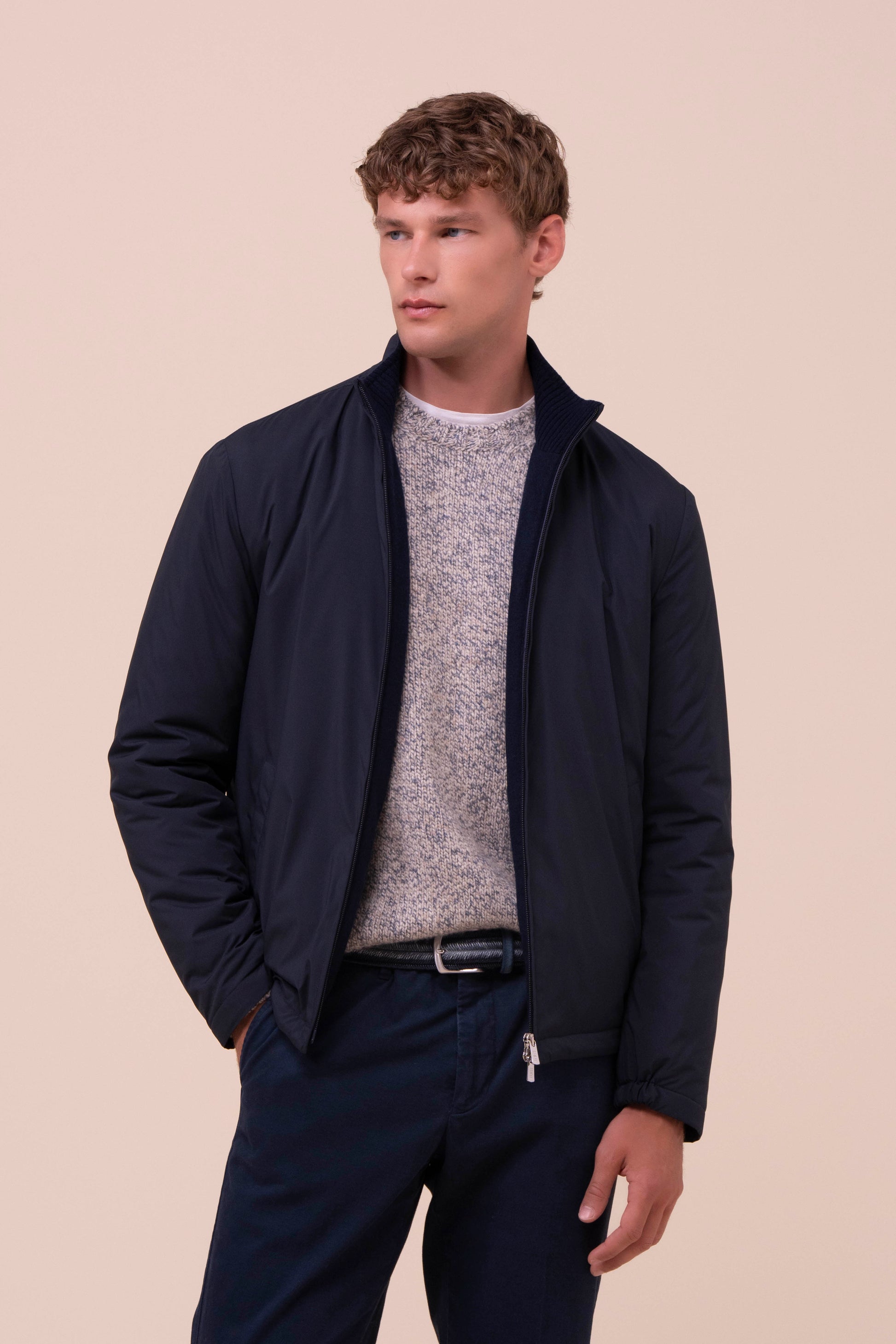 Rob giacca in Airstop e cashmere flanel con zip - MIDNIGHTBLUE
