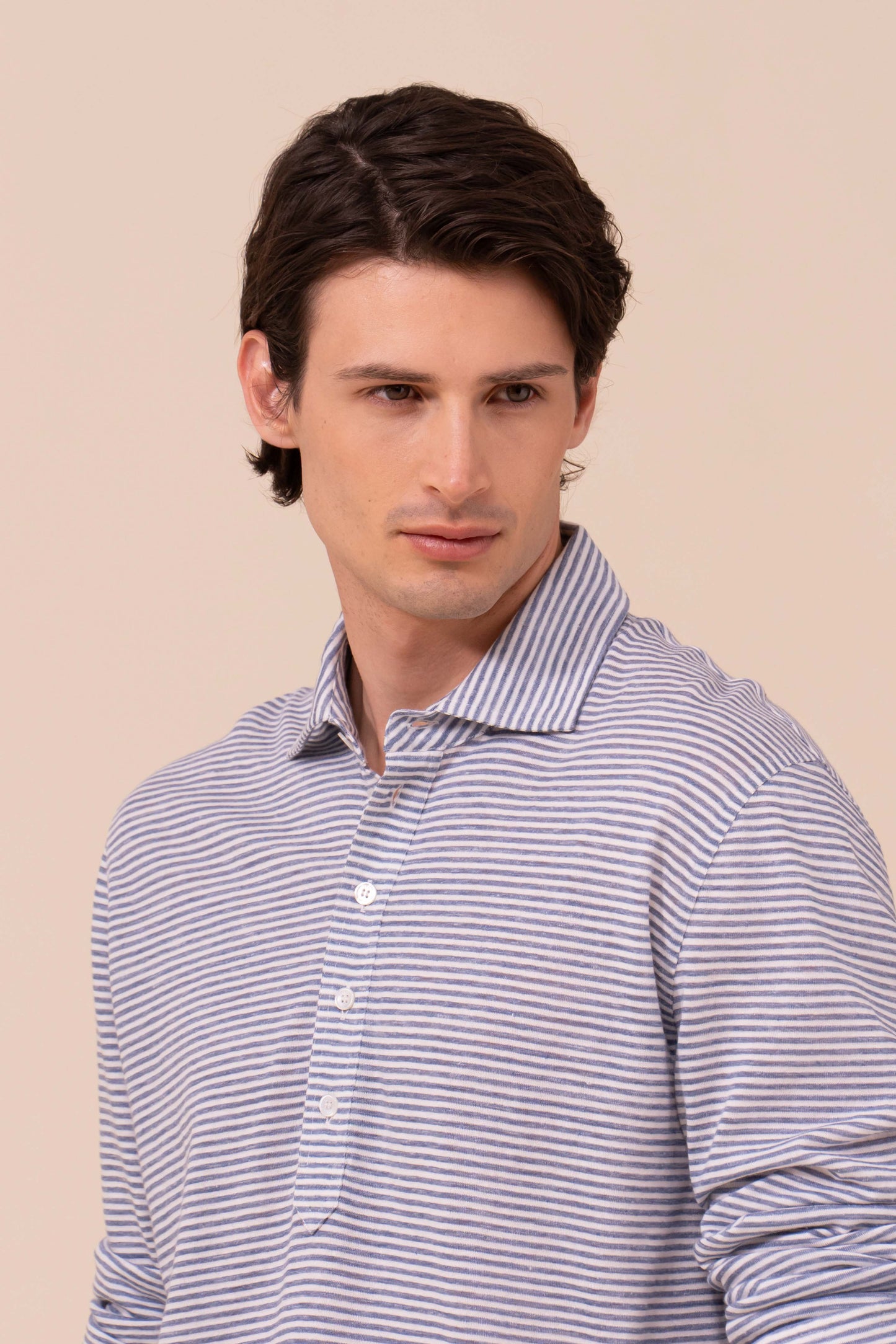 Five polo a maniche lunghe in cotone e lino rigato - WAVEMELANGE