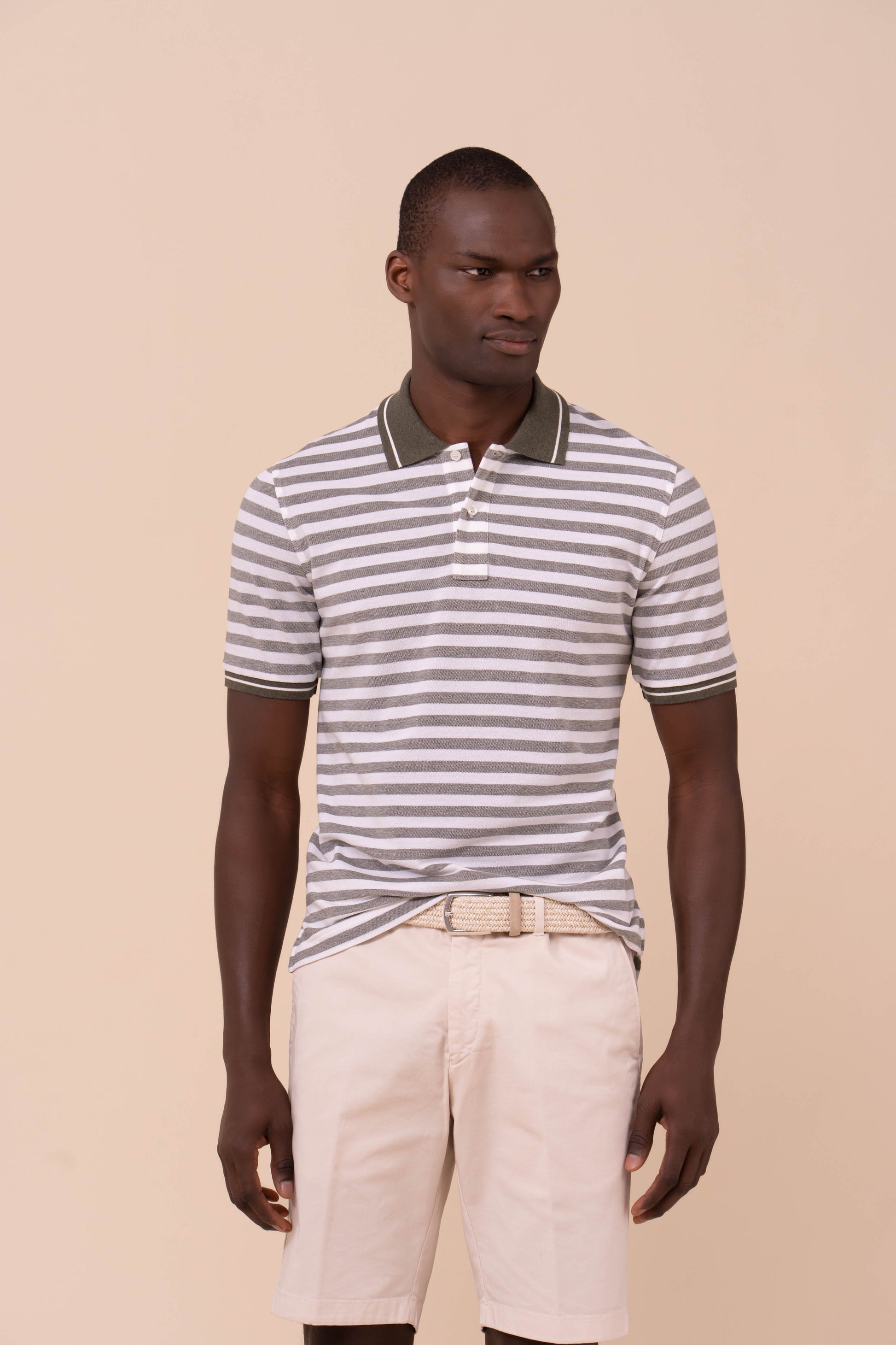 West Piquet Cotton Striped Polo - OLIVEGREENMELANGE