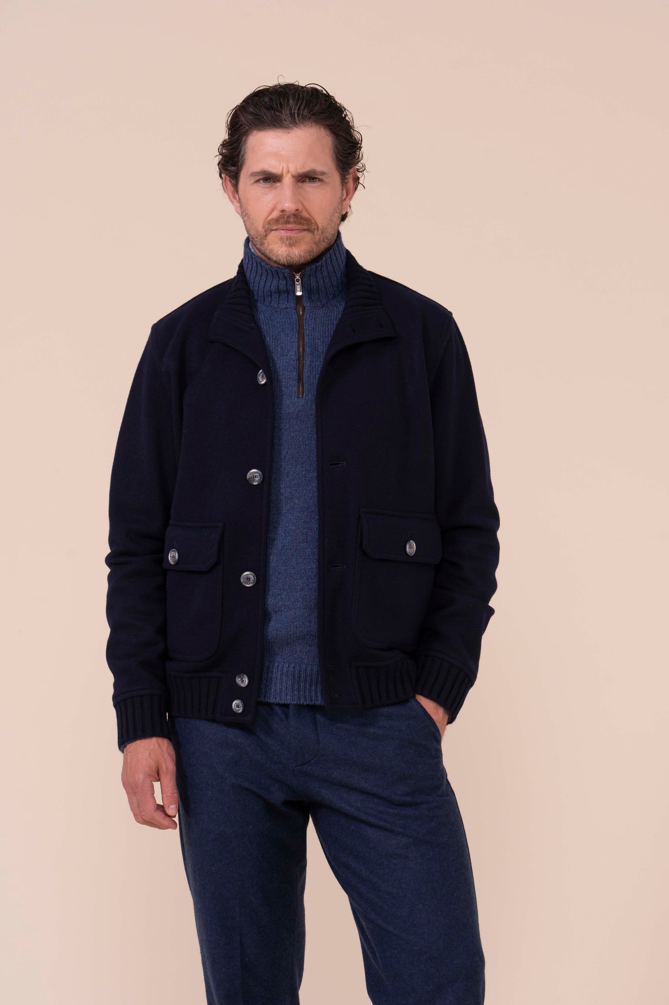 Surreale Cashmere Flanel Double Bomber - MIDNIGHTBLUE