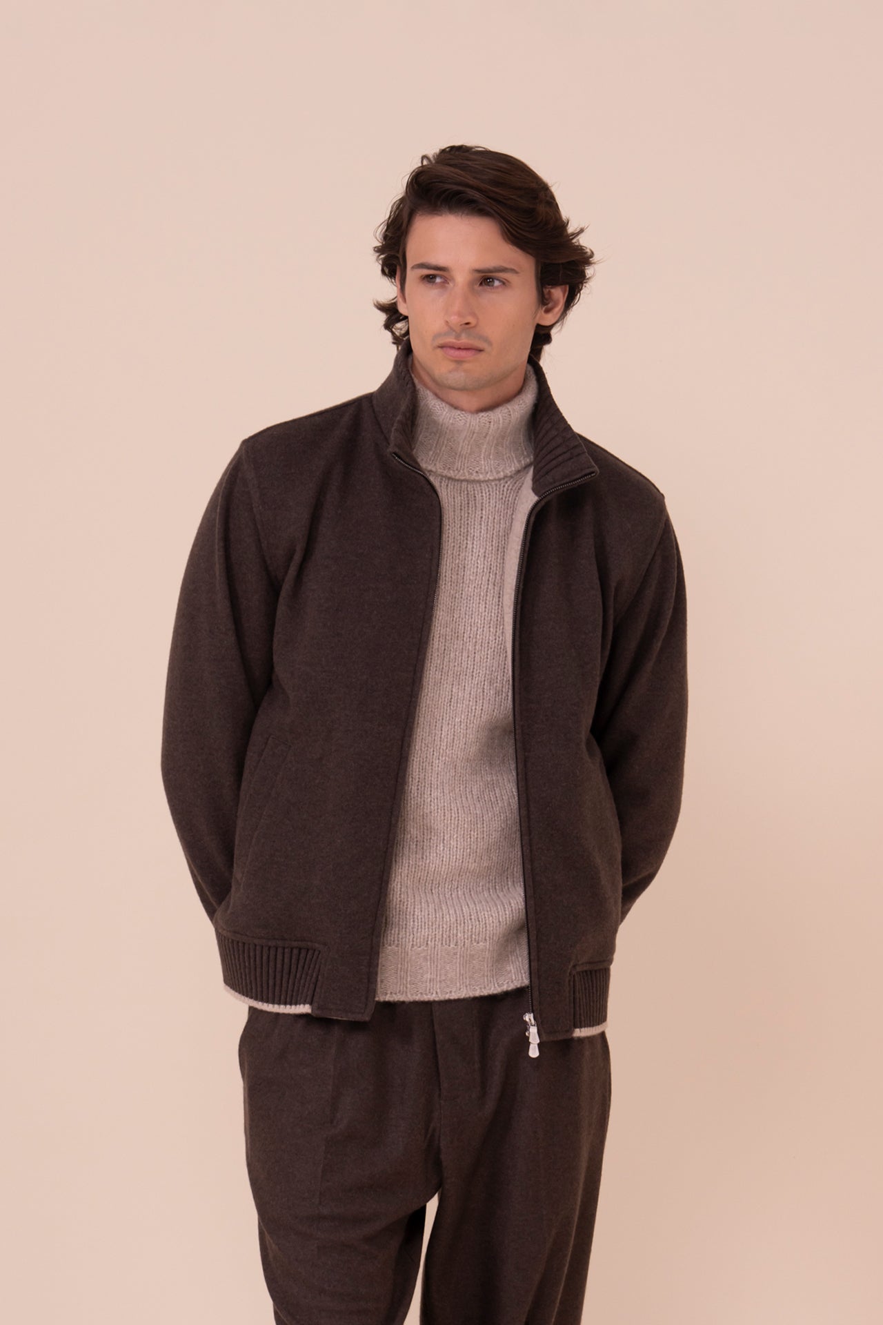 Lugano Cashmere Flanel Double Full-zip Jacket - COFFEE