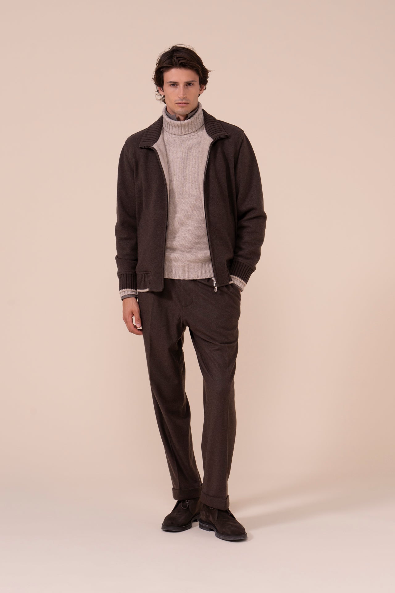 Lugano giacca in cashmere flanel con zip - COFFEE