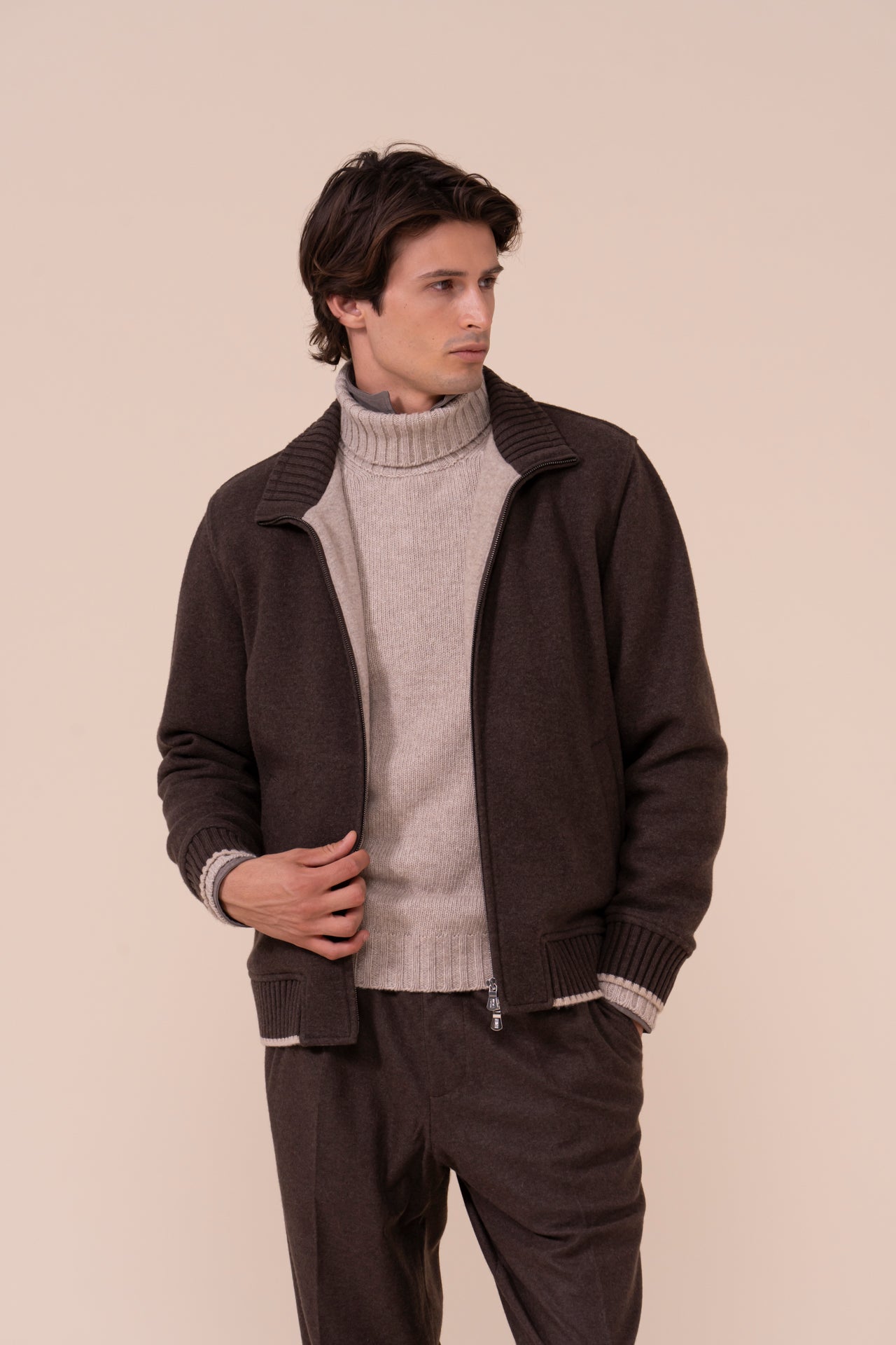 Lugano giacca in cashmere flanel con zip - COFFEE