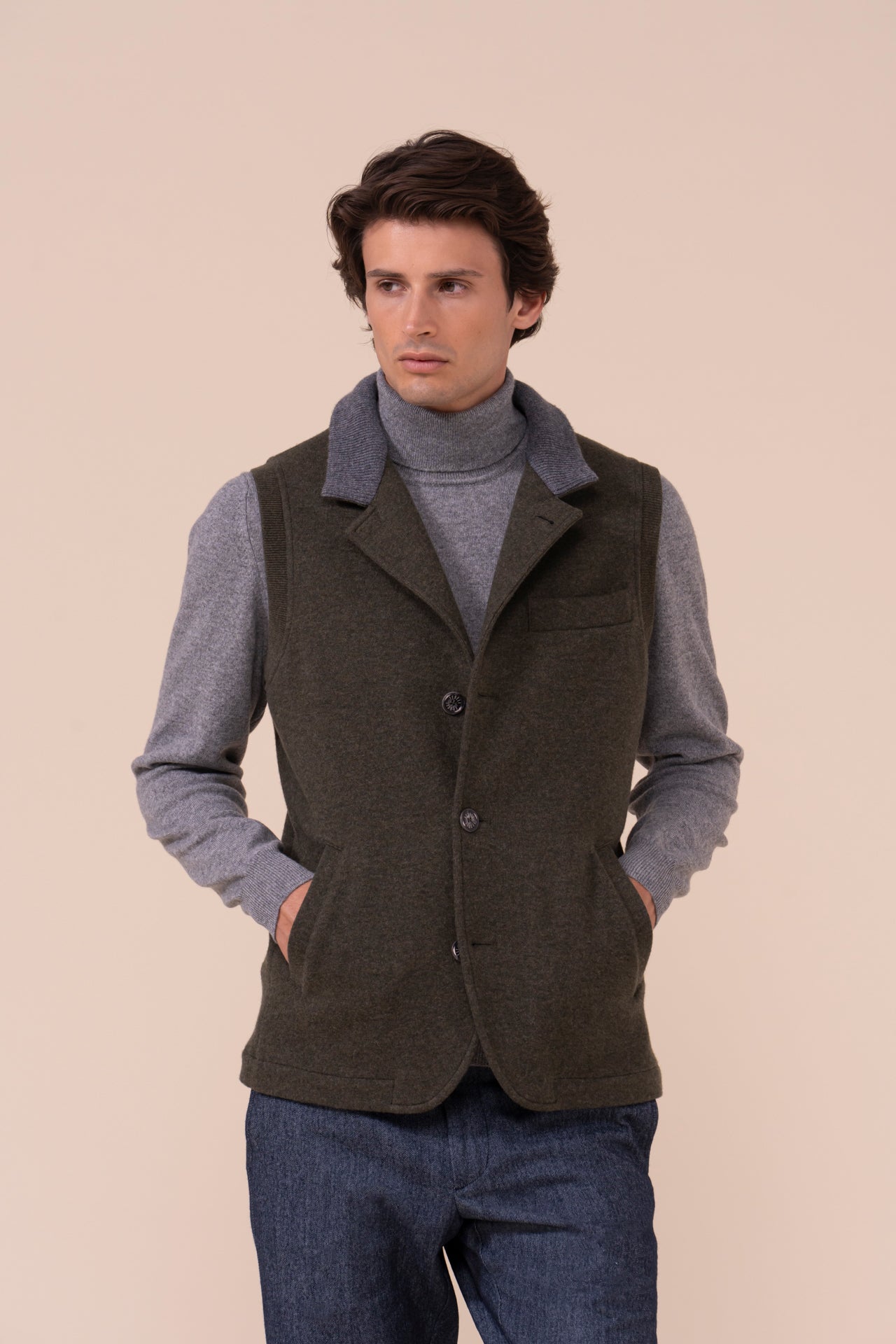 Damon gilet in cashmere flanel double - DARKGREEN