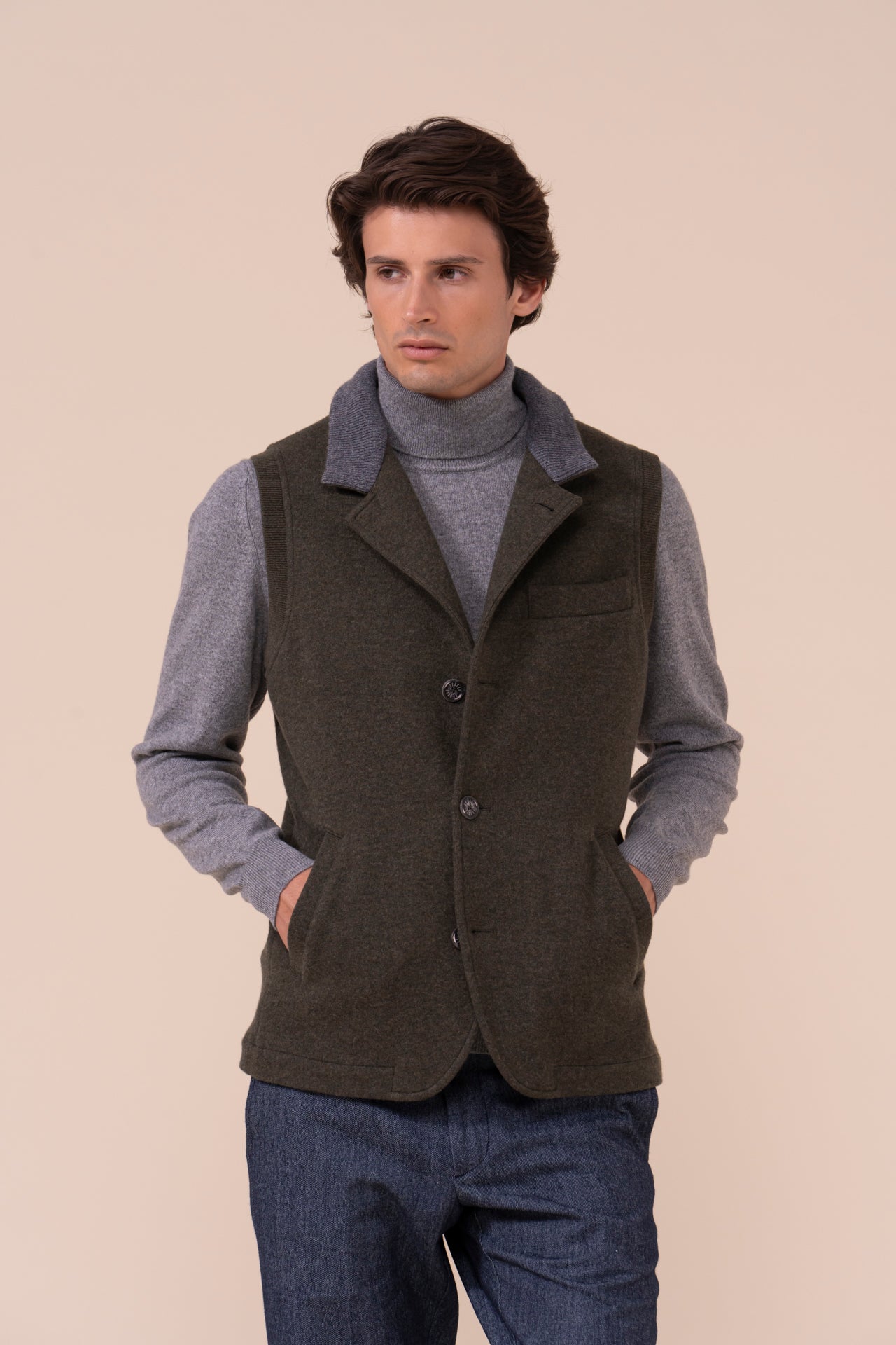 Damon Cashmere Flanel Double Vest - DARKGREEN