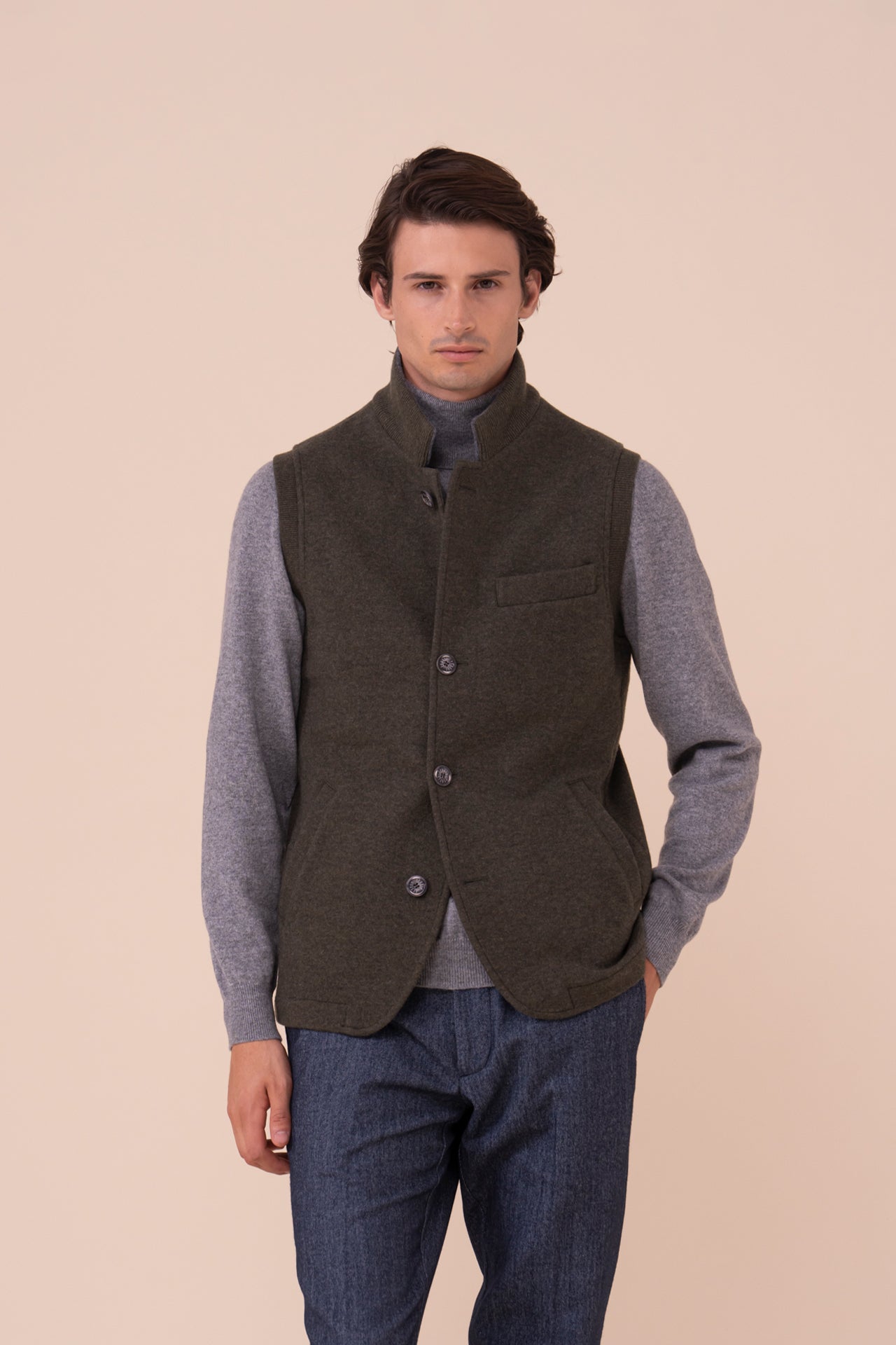 Damon Cashmere Flanel Double Vest - DARKGREEN