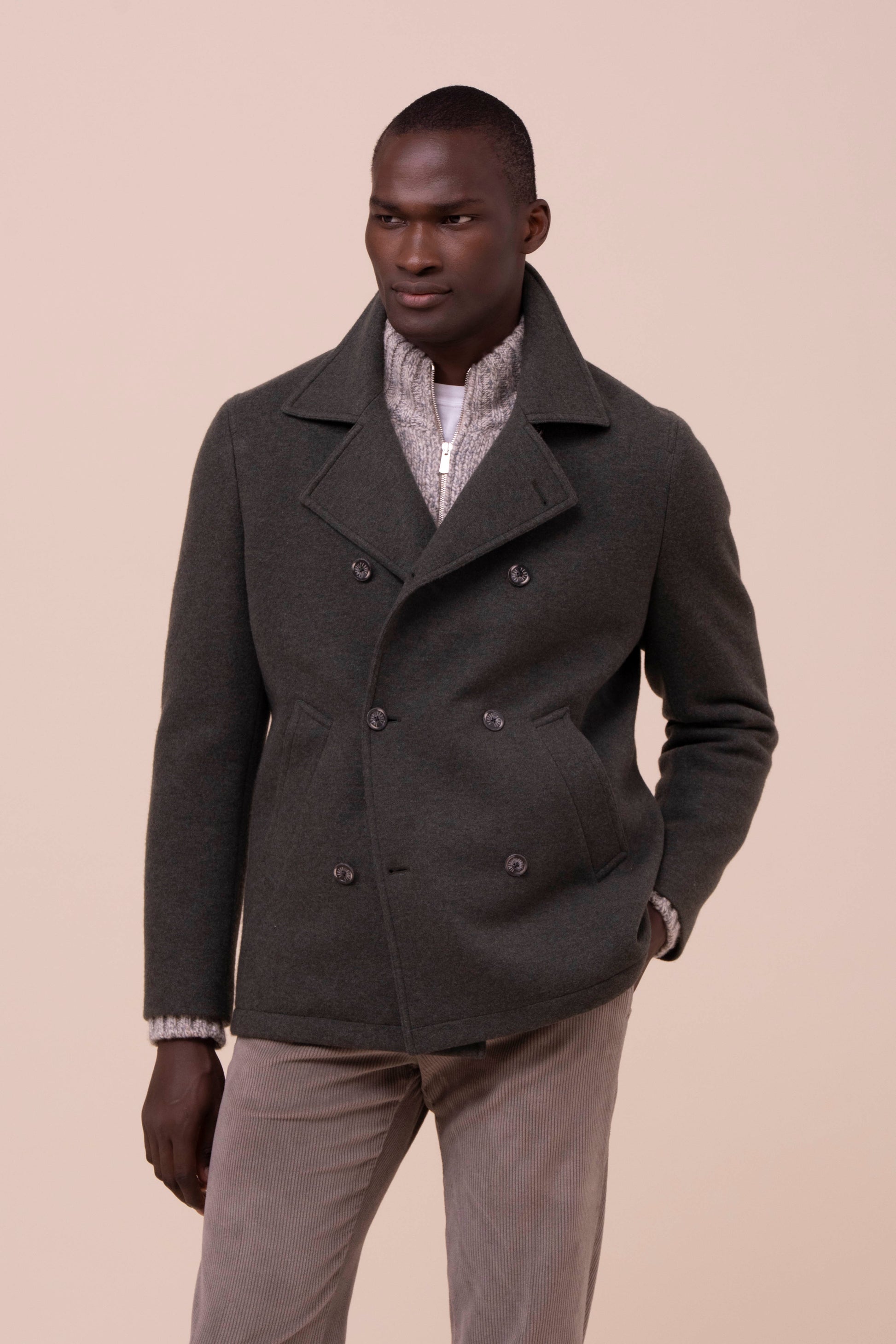 Peacoat caban doppiopetto in cahsmere flanel double - DARKOLIVEGREEN