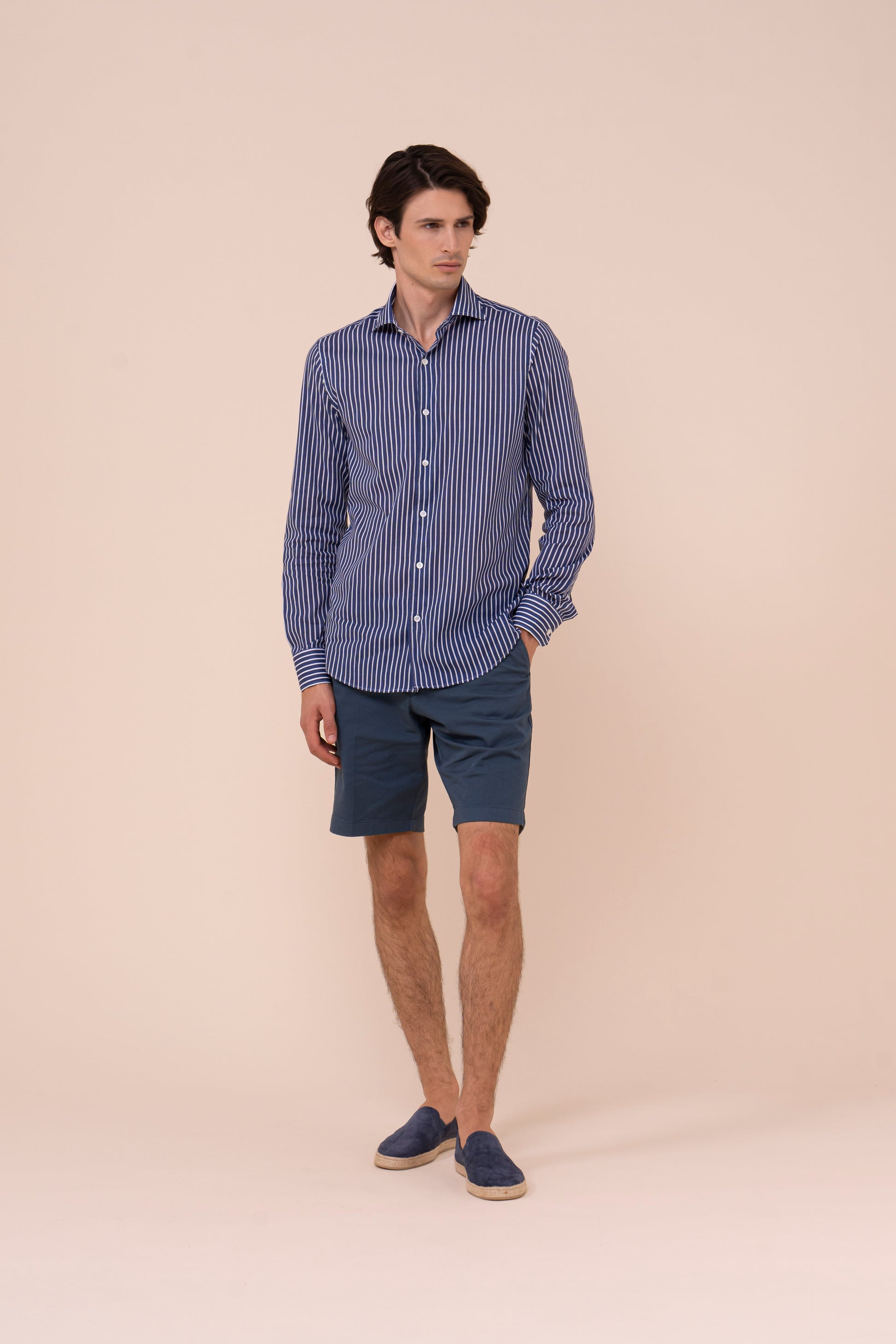 Sean camicia in voile di cotone - Fantasia a righe - DARKBLUE