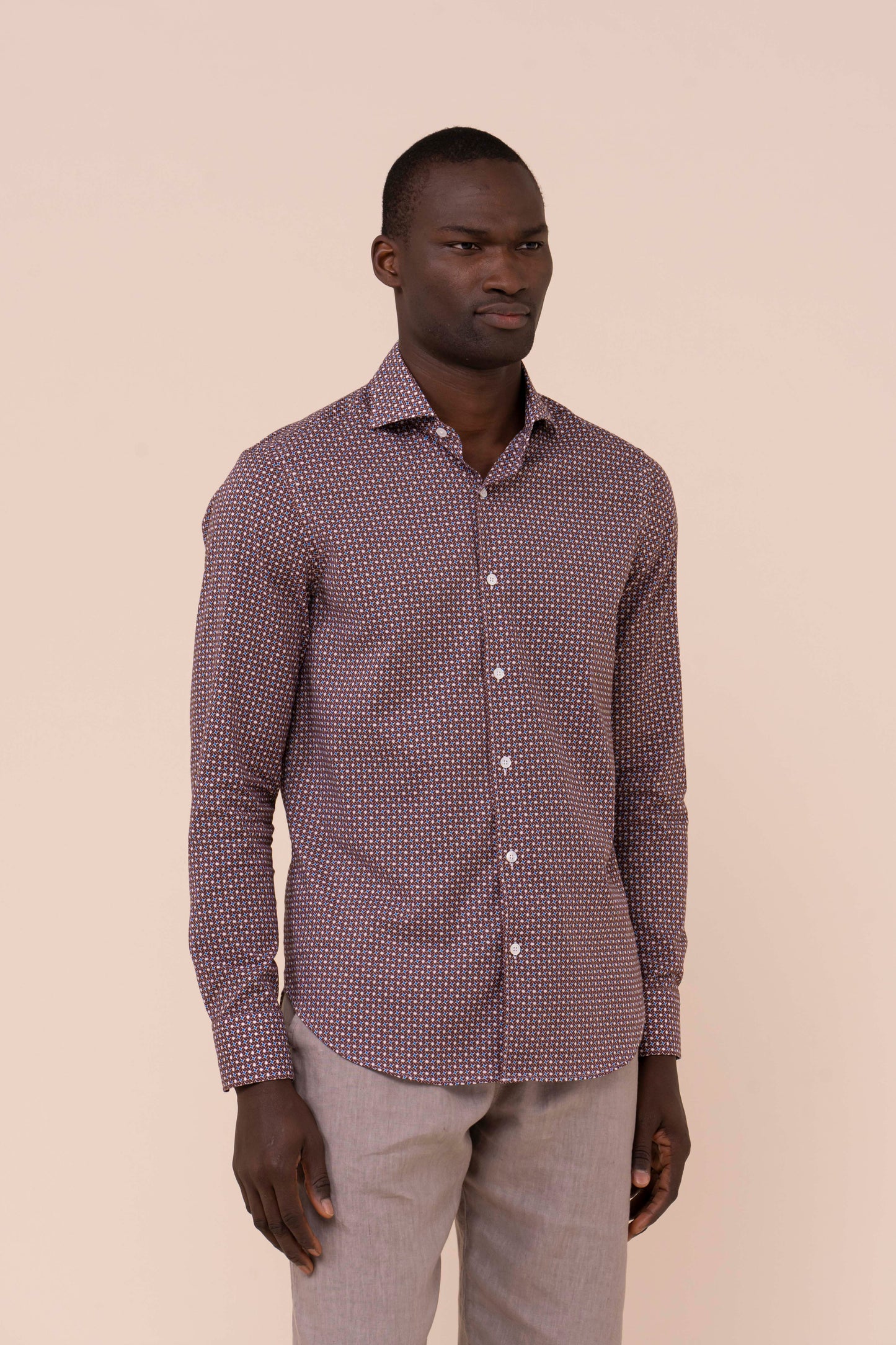 Sean camicia in voile di cotone - Fantasia geometrica - MERLOT