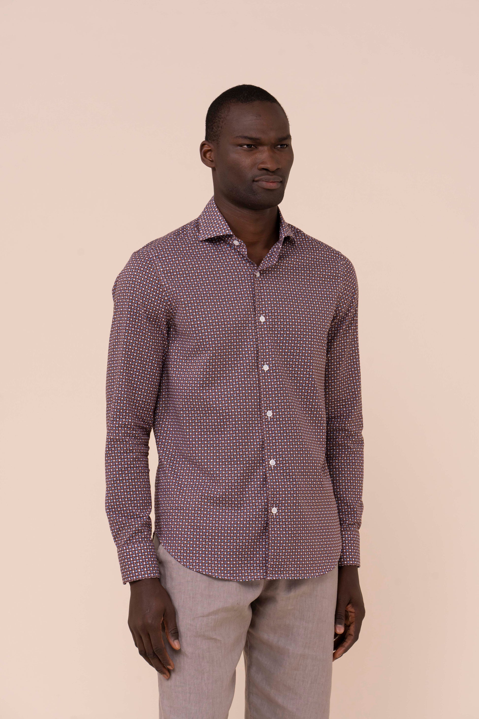 Sean camicia in voile di cotone - Fantasia geometrica - MERLOT